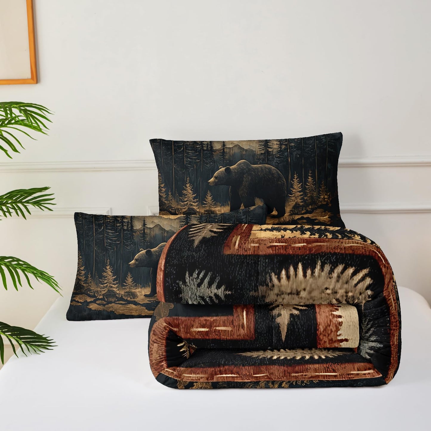 lneffble Black Bear Comforter Set Twin Size for Kids Boys,Rustic Comforter Set,Cabin Woodland Forest Animals Hunting Bedding Set,Soft Microfiber Wildlife Quilt Set