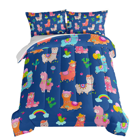 HOSIMA Kids Cute Llama Comforter Full Size Bed in a Bag,Cartoon Rainbow Alpaca Comforter with 2 Pillowcases,Animal Bedding Sets for Children Room Decor,Blue Toddler Bedding Set for Boys Girls.