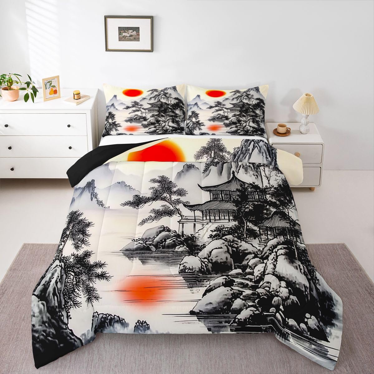 jejeloiu Chinese Ink Painting Kids Comforter Set Queen Size Japanese Style Bedding Set Red Sun Duvet Quilt for Kids Boys Girls Bedroom Mountain Decor Microfiber Ultra Soft Breathable