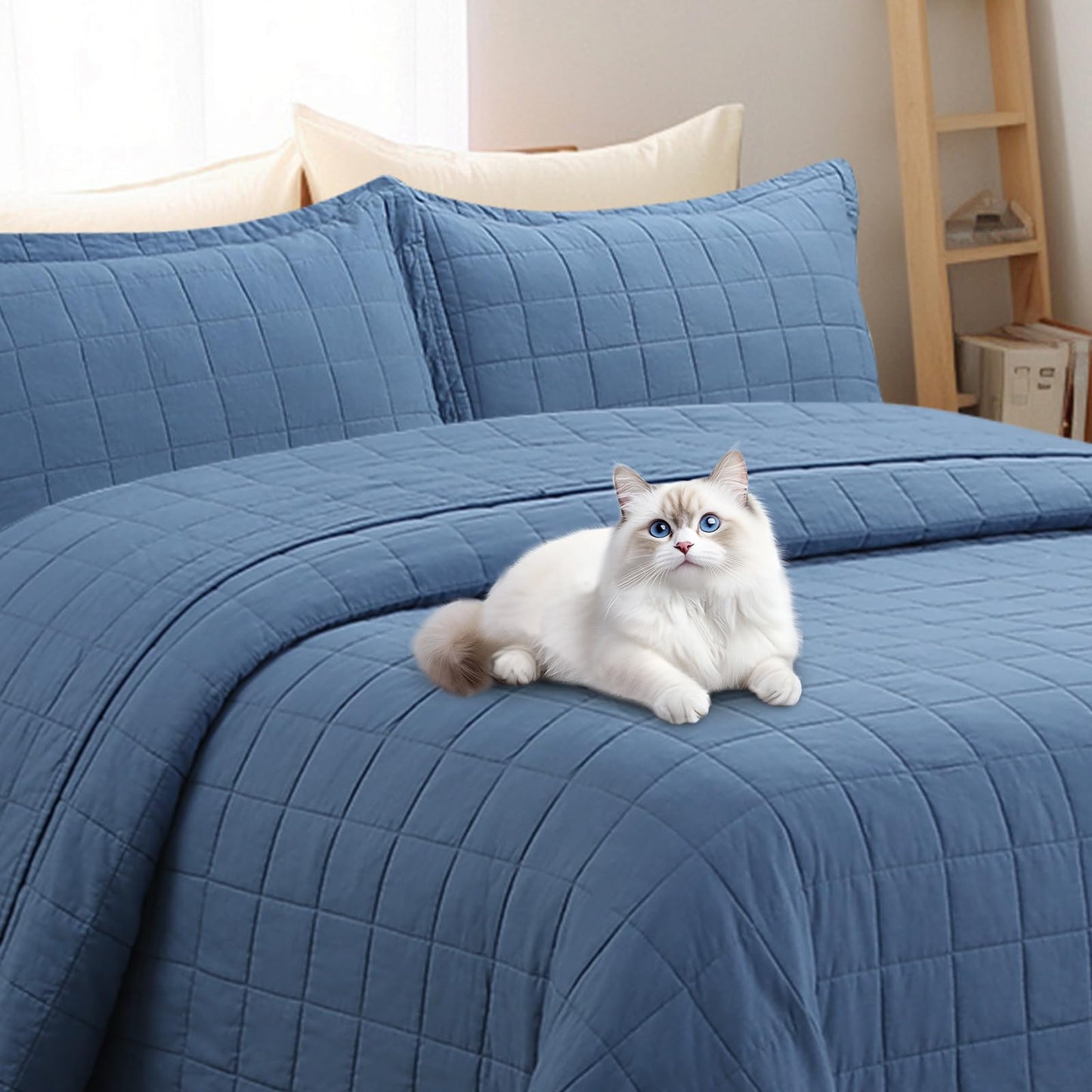 FFQSS Quilt Queen Size Bedding Sets - 100% Cotton Lightweight Luxury Comforter Set, Full Size Stitching Bedspreads Coverlet with 2 Pillowcase Suit for All Season, Blue