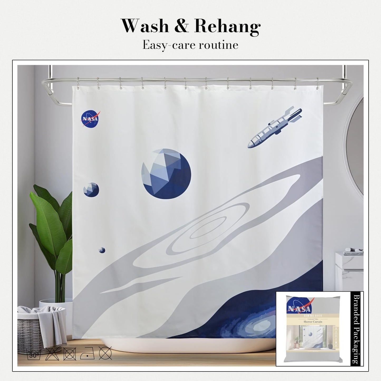 DRIFTED ROOT NASA Licensed Shower Curtain Set, Minimalist Planet Orbit Galaxy Design, Space Poster Art, Oxford Cloth, Bathroom Hotel Decor (Celestial Tides-White/Blue, 72" W x 72" L (Pack of 1))