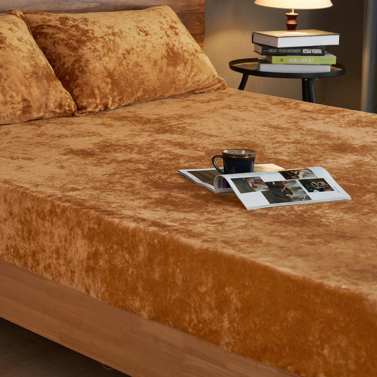 PHF Truly Velvet Fitted Sheet Only Queen Size, Luxury Super Soft Cozy Fuzzy Fleece Bottom Sheet, Deep Pocket Up to 16",Strenghth Elastic Band,Suitable for Fall Winter Spring,No Pillowcases,Brown Sugar