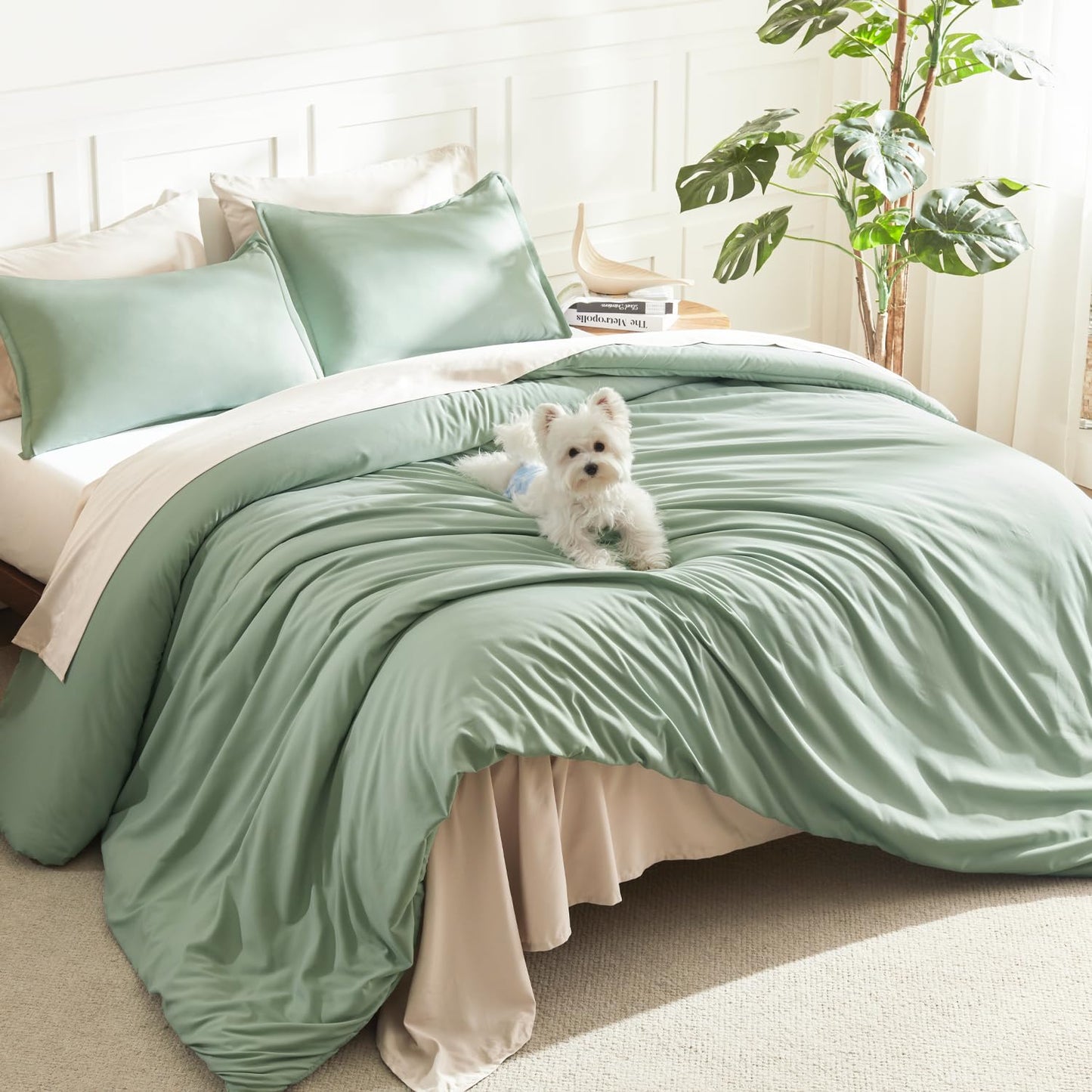 Litanika King Size Comforter Set, 3 Pieces Lightweight Solid Comforter King Size, All Season Fluffy Down Alternative Comforter Bed Set Quilt Blanket, Sage Green, King