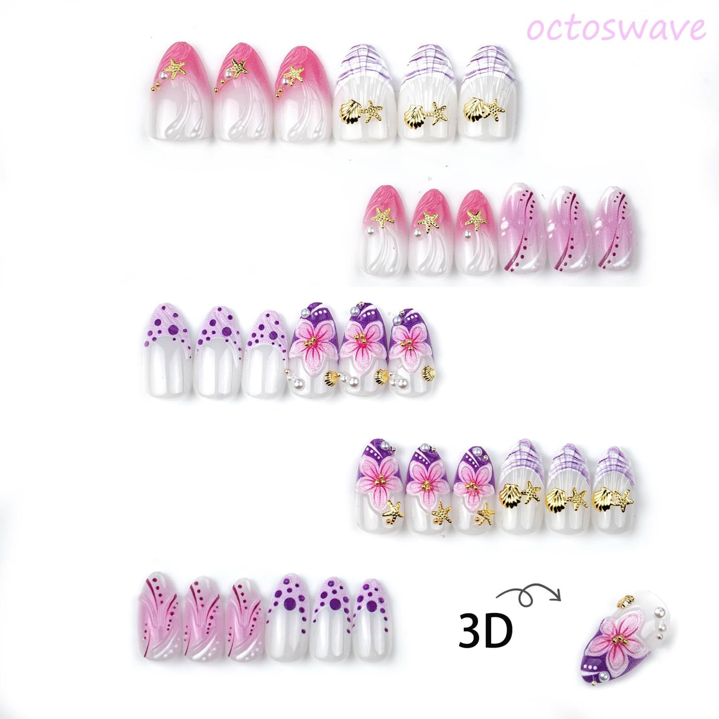 octoswave Press on Nails Almond Medium Length 3D Flower and Seashell Design Glossy Pink Purple Gradient Glue on Nails for Women Girls Summer Vacation Party 30 Pcs
