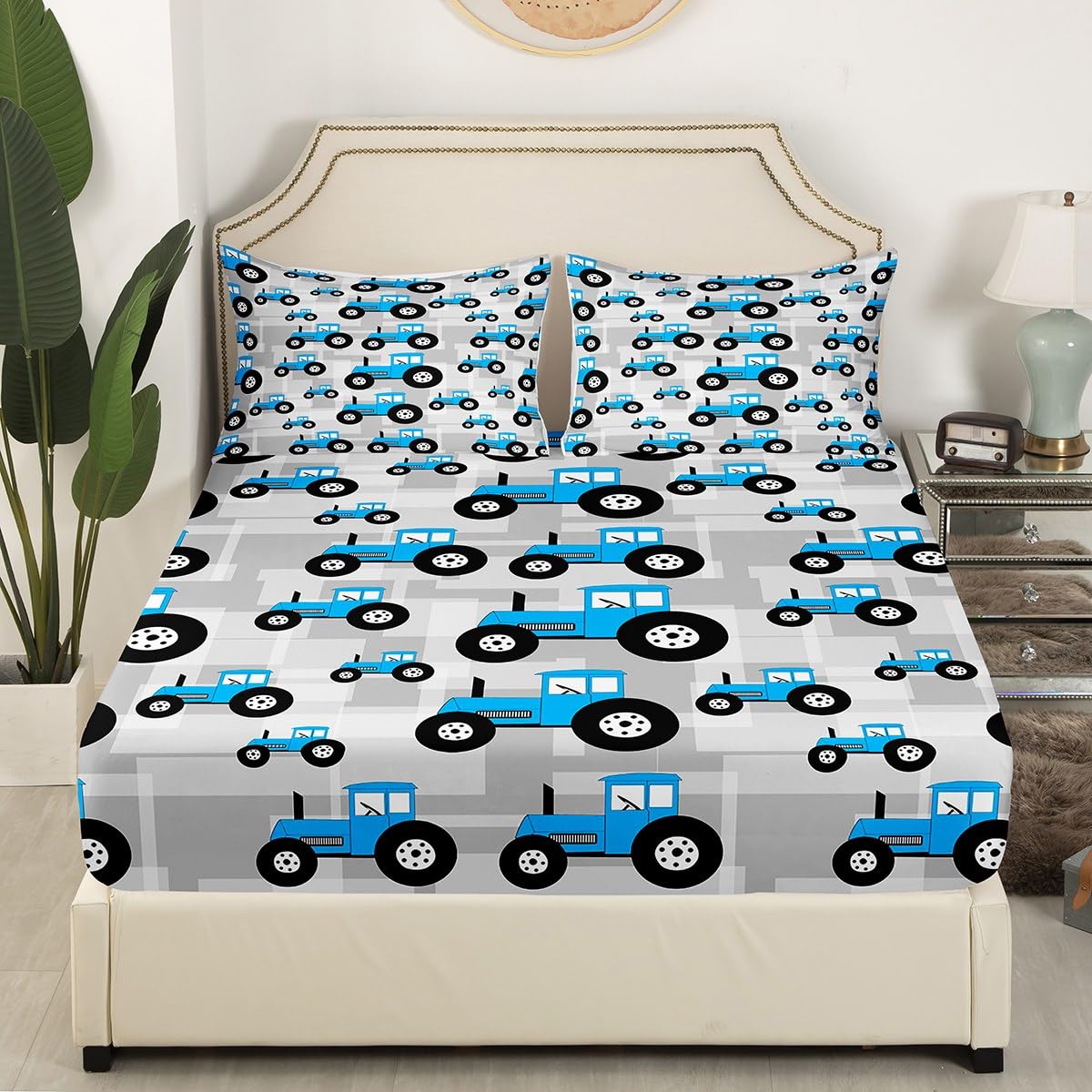 Blue Tractor Bedding Set - Cartoon Car Fitted Sheet for Boys & Girls - Farm Equipment Trucks - Full Size Bed Set (3Pcs)