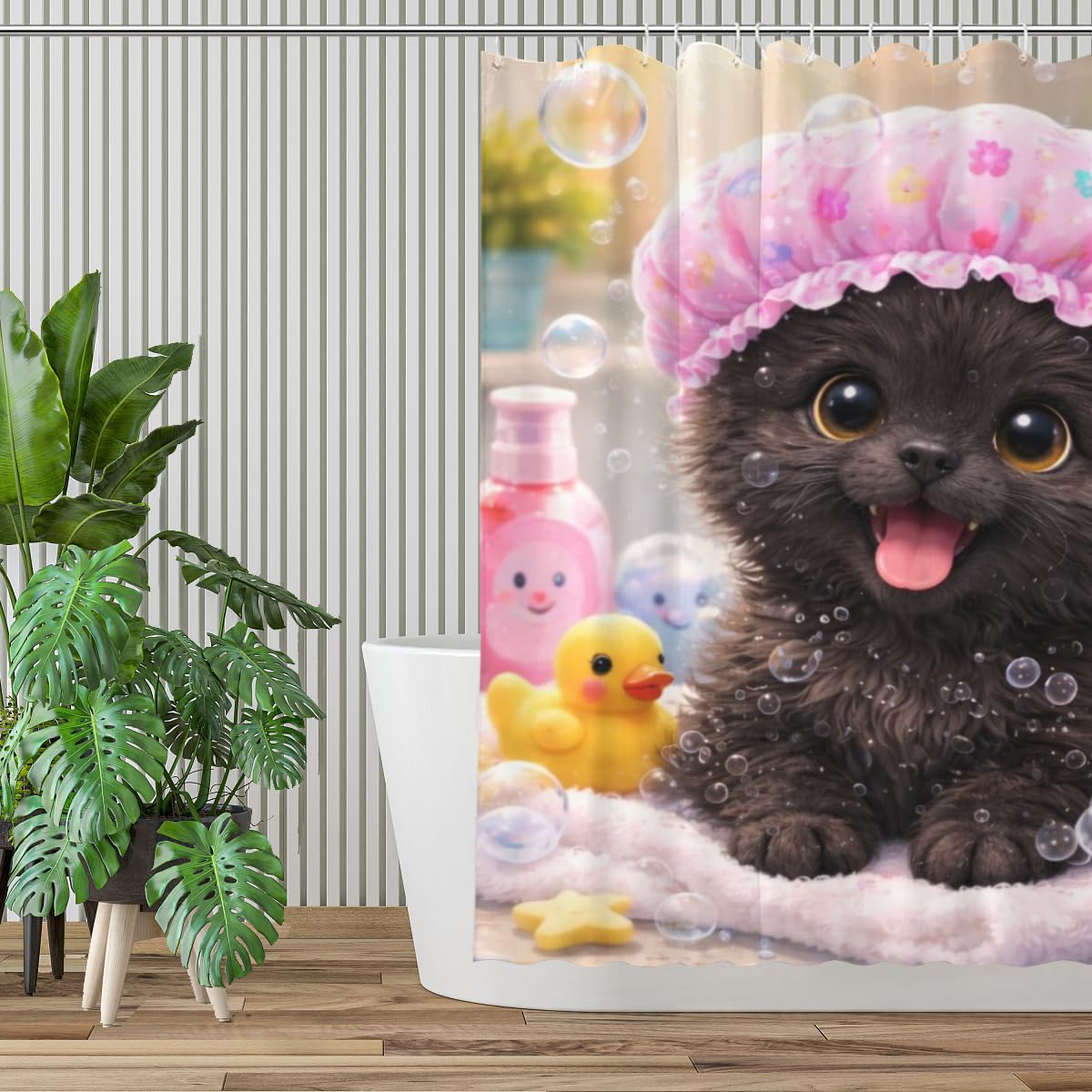 Youtoko Shower Curtain Funny Bath Black Cat Bathroom Decor Bubble Bath Rubber Duck Pink Shower Cap Cute Animal Waterproof Washable with 12 Hooks Polyester 72x72 Inch