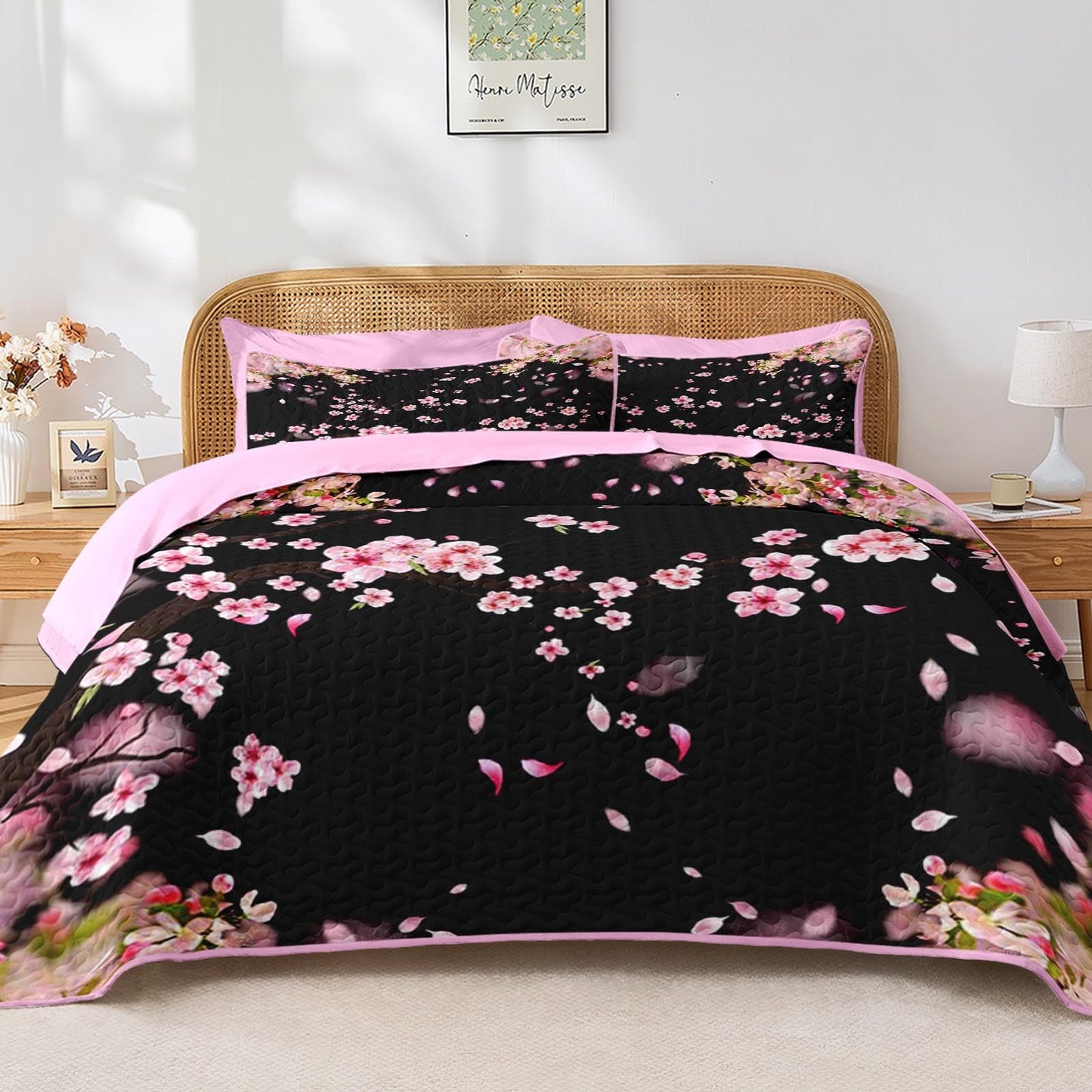 Pamnest 7 Pcs Quilt Set Queen Size, Cherry Floral Pink Soft Bed Cover Bedding Set for Kids and Adults, Japanese Black Bedspread with Fitted Sheet 2 Pillowcases & 2 Shams for All Season