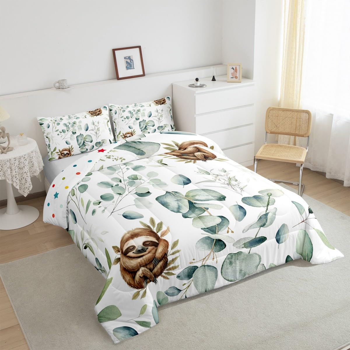 Erosebridal Girls Kawaii Animal Bedding Twin Size Cute Sloth Comforter Set Twin, Cartoon Wildlife Duvet Insert Green Leaf Quilt Comforter, Plant Bedding Comforters & Sets Child Kids Bedroom Decor