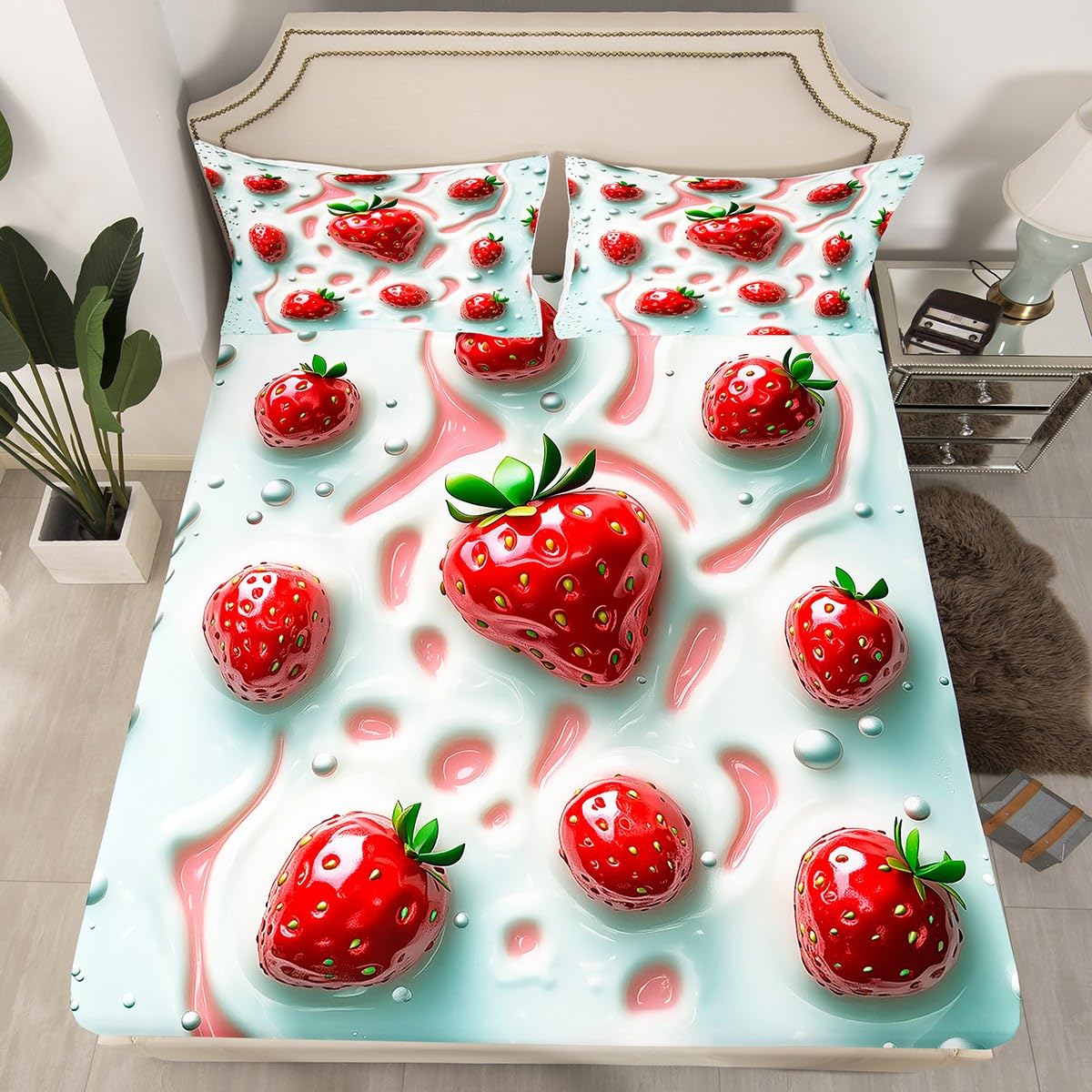 Erosebridal Strawberry Flat Fitted Sheet Kawaii Fruit Bed Set Full Cute Strawberries Bed Sheets Set for Kids Girls Adult Dessert Cream Lightweight Bedding Sets, Pink White with 2 Pillow Cases