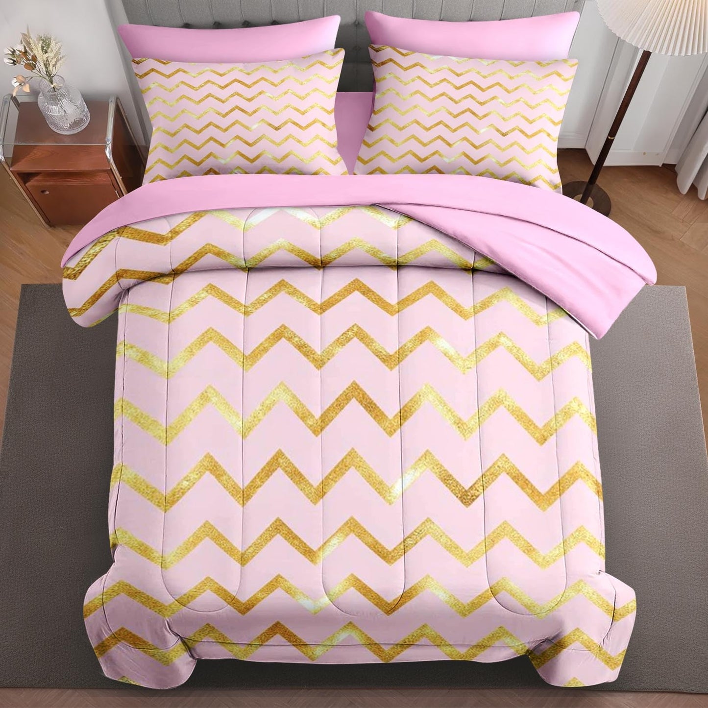 Boewywh Comforter Set Twin Size Gold Pink Glitter 7 Pcs, Bedding for Kids and Adults, Bed Sheet Sets with Fitted Sheet 2 Pillowcases & 2 Shams for Bedroom Bed Decor