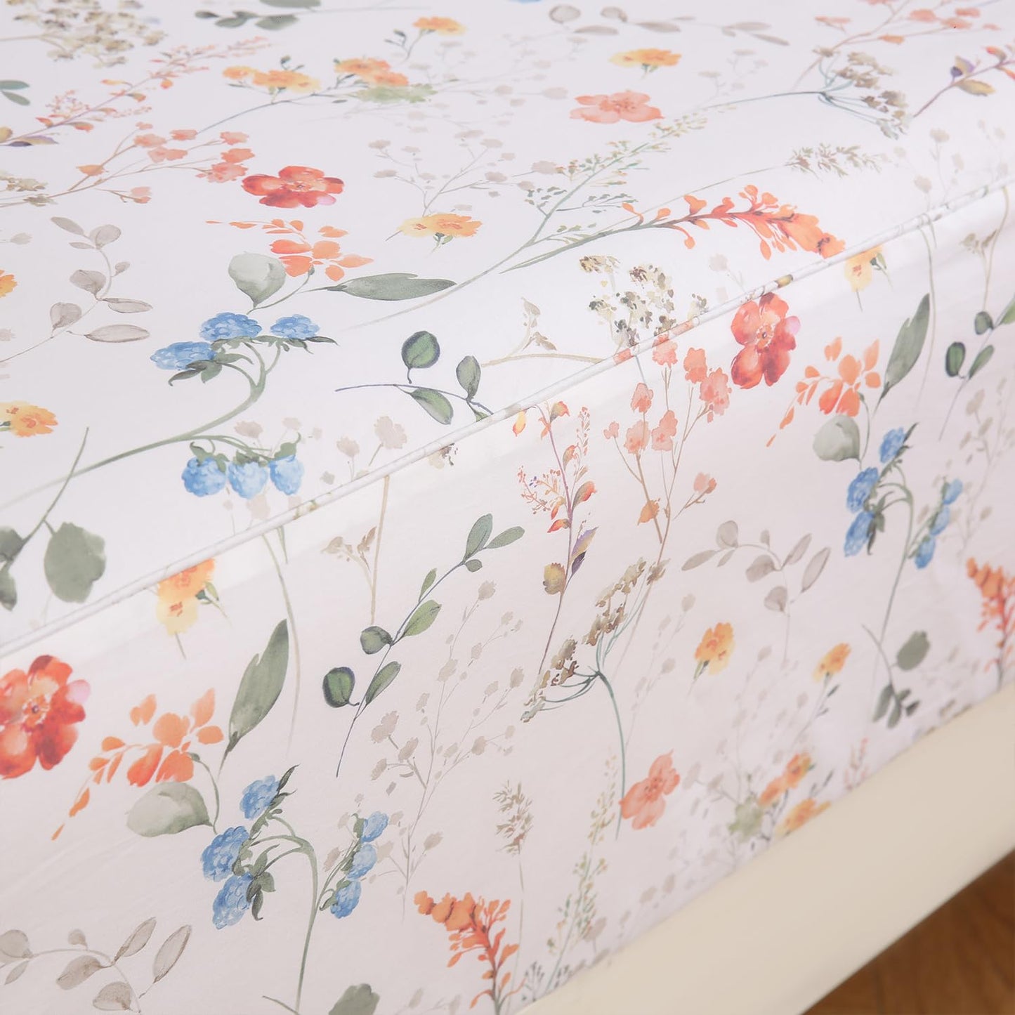 Zusbest Queen Sheet Set Floral Patterned 100% Percale Cotton Orange Blue Flower Sheets Set Green Botanical Printed on White Deep Pocket Fitted Sheets, Crisp Soft Breathable for Hot Sleepers, 4 Pcs