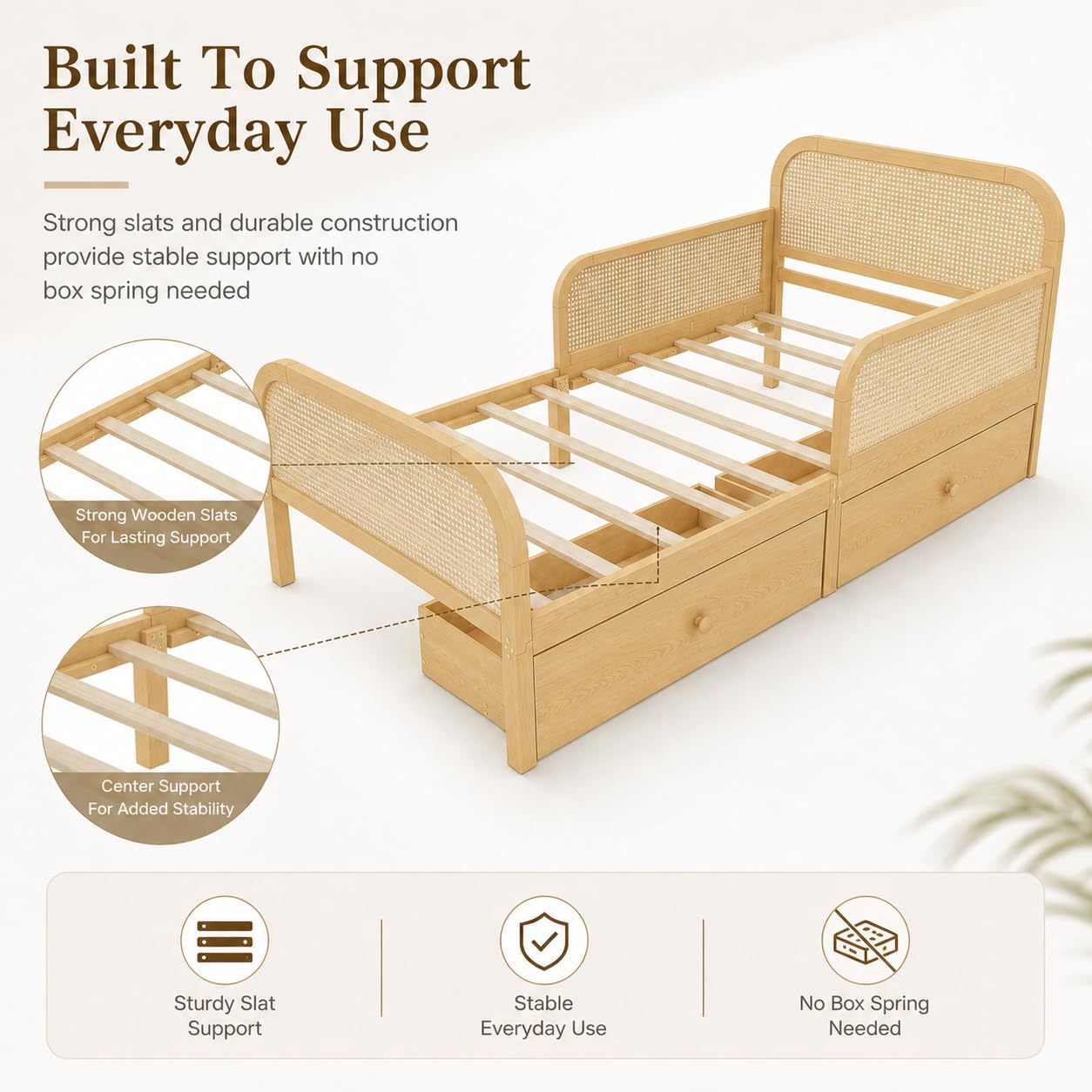 Duxelifin Full Kids Bed Frame with Storage Drawers,Rattan Wood Platform Bed with Headboard & Footboard, Low Profile Boho Daybed, No Box Spring Needed, Full Size Bed Frame for Boys Girls，Natural