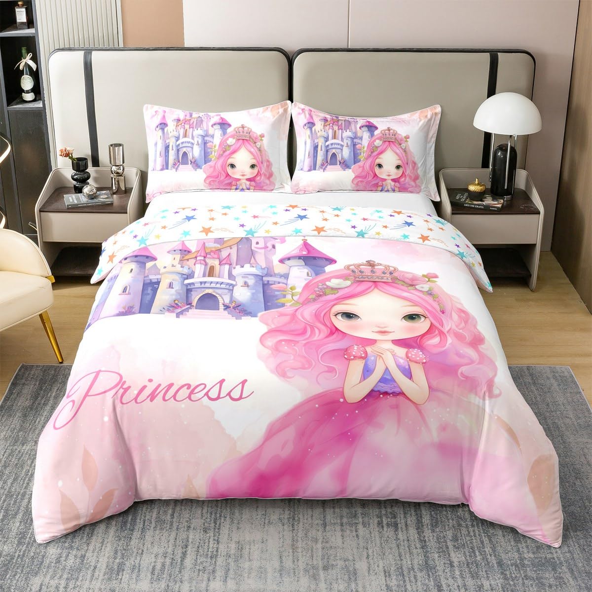 Manfei Princess 100% Cotton Duvet Cover Set Twin Size, Cute Fairytale Princess Girl Bedding Set 2pcs, Dreamy Castle Quilt Cover, Kids Girls Women Room Decor, 1 Pillowcase,No Comforter