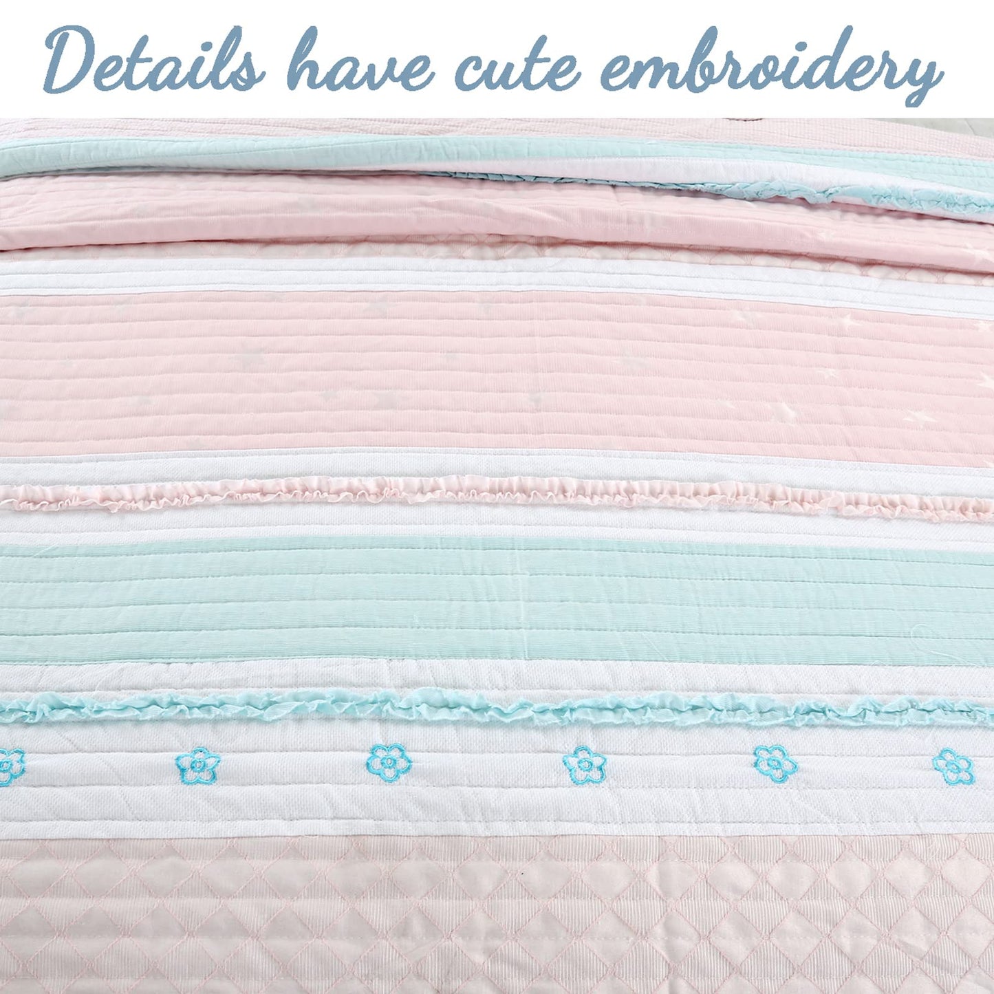 Cozy Line Home Fashions Light Pink Blue Ruffles Girl 100% Cotton Reversible Quilt Bedding Set, Coverlet, Bedspread (Candy, Twin - 2 Piece: 1 Quilt + 1 Sham)