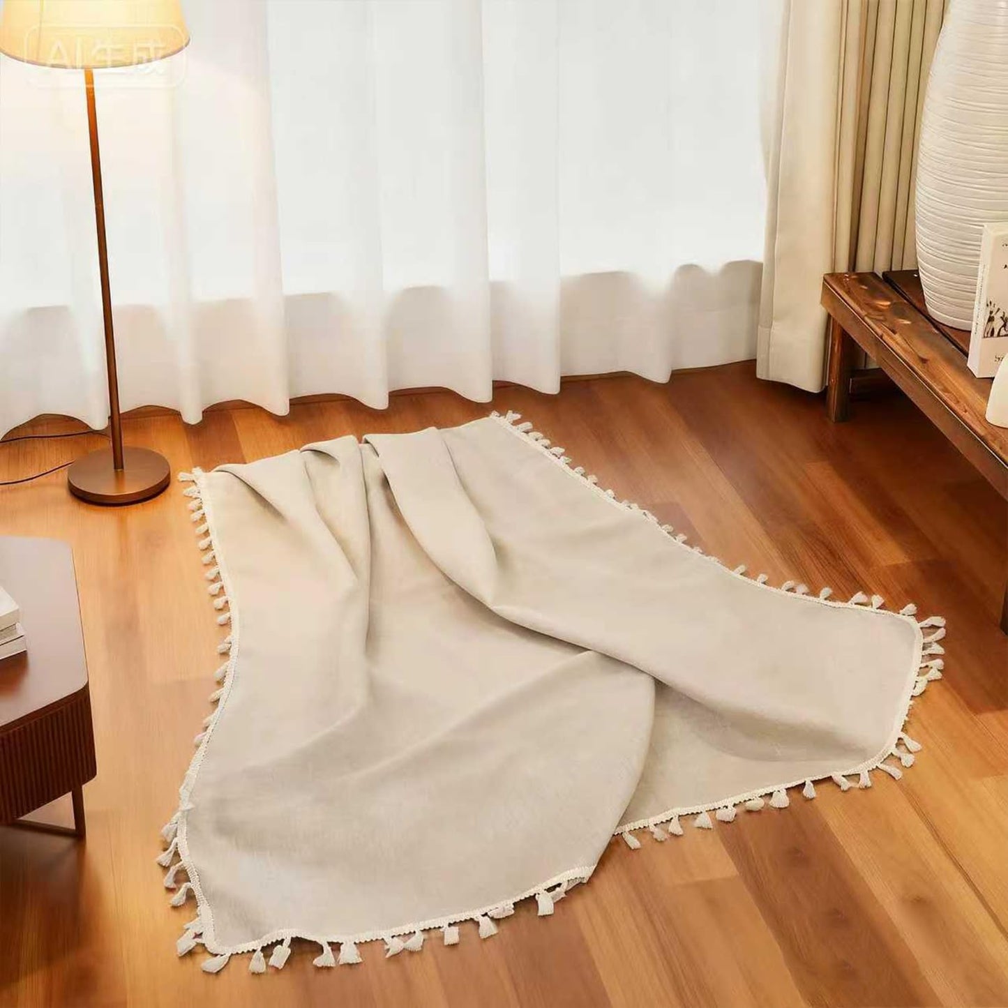 Yamalinn 100% Linen Throw Blanket 50x60 Inch, Lightweight Boho Decorative Blanket for Couch Bed Sofa, French Country Style with All Edge Tassels, Farmhouse Living Room Decor