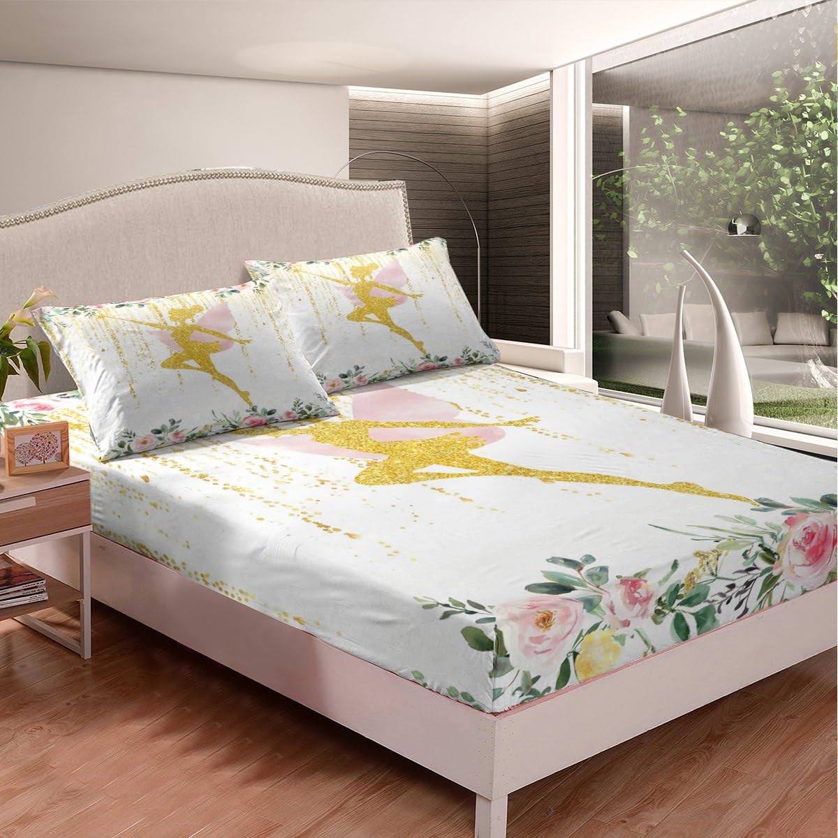 Erosebridal Fairy Garden Twin Bedding Set,Cute Pink Floral Fitted Sheet for Girls Kids,Dreamy Sweet Fairy Bed Set,Coquette Flower Girly Bed Sheets 2Pcs Room Decor (No Flat Sheet)