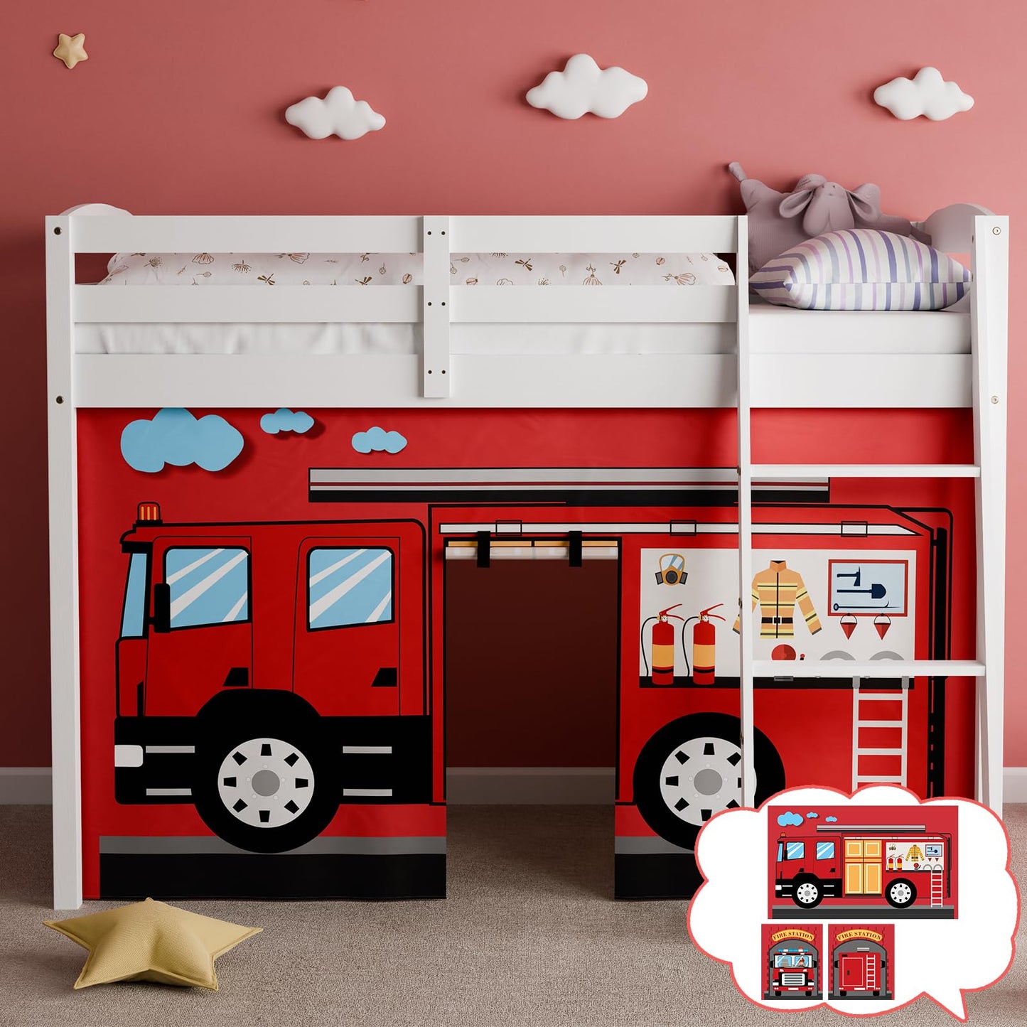 YRDKB Fire-Truck Bunk Bed - 33H Curtains Premium and Customizable Cartoon Loft Bed Curtains for Children to Enhance The Imaginative Creation Bedroom Curtains(3PCS,Twins)