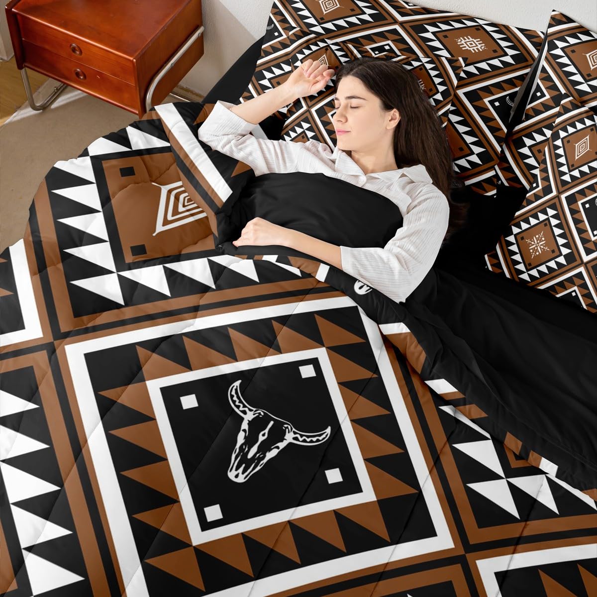Erosebridal Rustic Western 7 Pcs Comforter Set King for Men,Southwestern Aztec Bedding Bohemian Quilt Ethnic Horns Bull Skull Farmhouse Bedroom Decor Brown Geometric Diamond Sheet Set Bed in A Bag