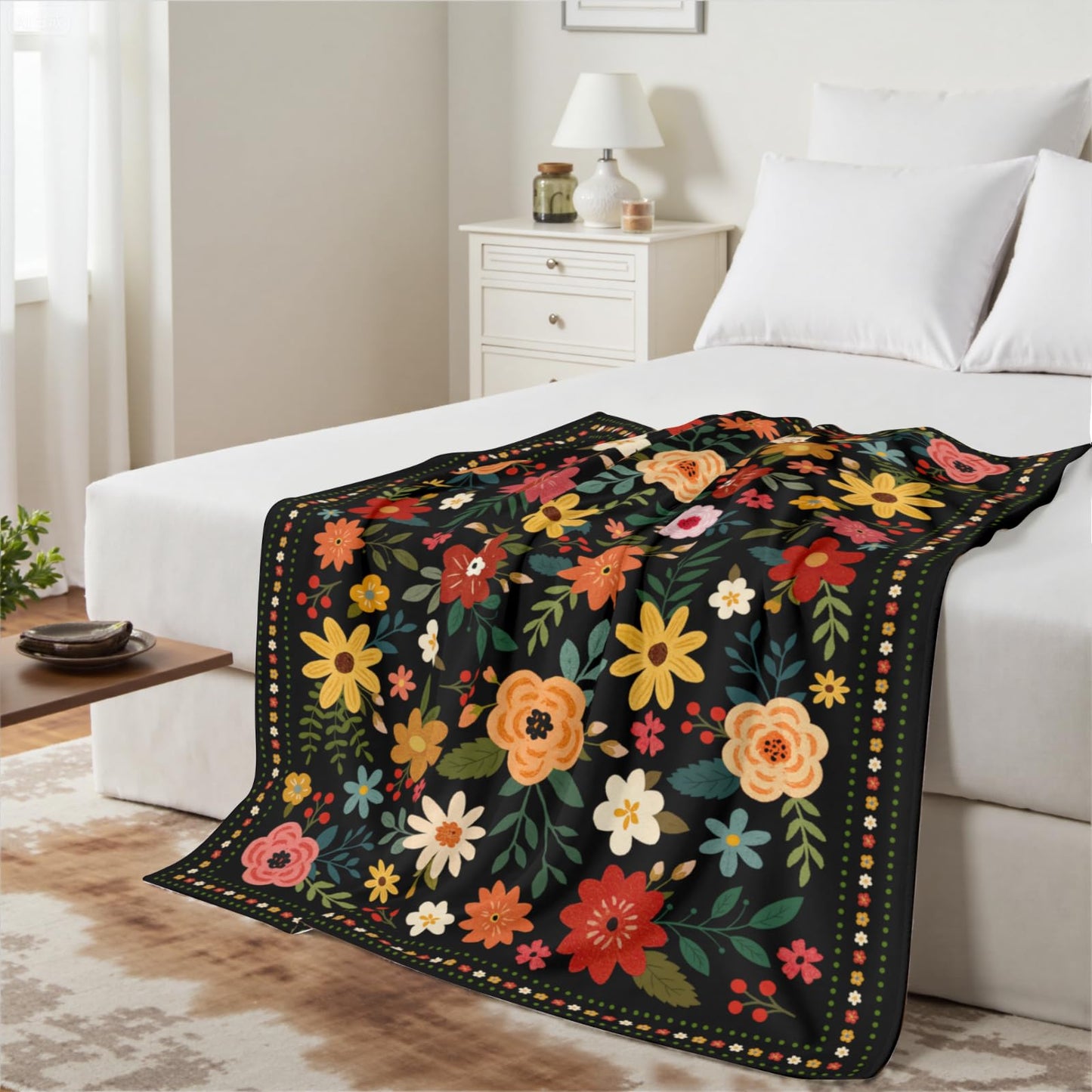 Arktrident Boho Floral Throw Blanket Colorful Flower Soft Flannel Bed Blankets Cozy Plush Couch Cover Lightweight Blanket for Bed Chair Sofa 50" X 60"