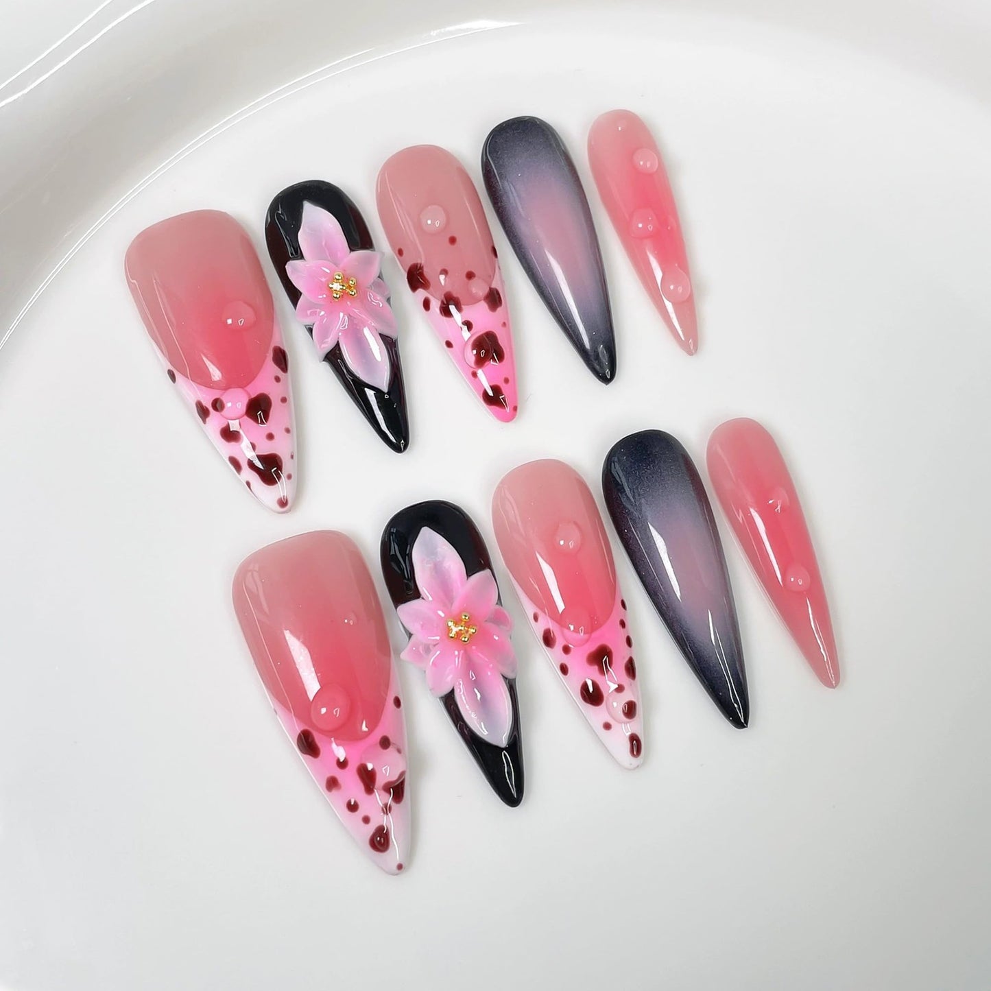 Handmade Press on Nails Almond Long Fake Nails Pink Ombre French Tip Acrylic Nails Press ons with 3D Flower Designs False Nails Luxury Full Cover Cute Stick on Nail for Women 10Pcs (Size M)