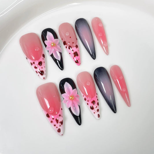 Handmade Press on Nails Almond Long Fake Nails Pink Ombre French Tip Acrylic Nails Press ons with 3D Flower Designs False Nails Luxury Full Cover Cute Stick on Nail for Women 10Pcs (Size M)