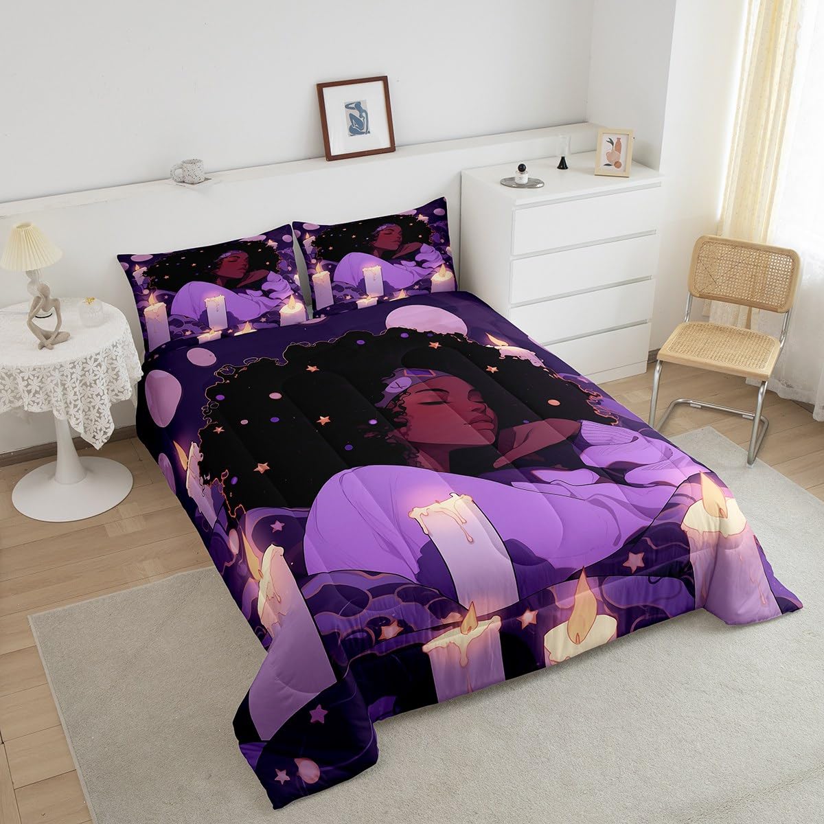 Castle Fairy Cute Black Girls Comforter Set Full Size,African Style Americans Quilt Set Girls Boys Women Teens Room Decor,Dreamy Stars Moon Night Bedding Set Cartoon Purple Duvet Insert,2 Pillowcases