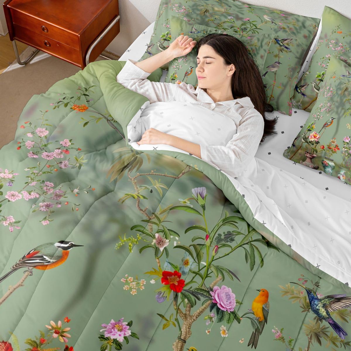 Erosebridal Floral 7 Pcs Bedding Set Queen Retro Chic Leaves Comforter Set with Sheets Vase Porcelain Bed in A Bag Botanical Flowers Bedroom Decor