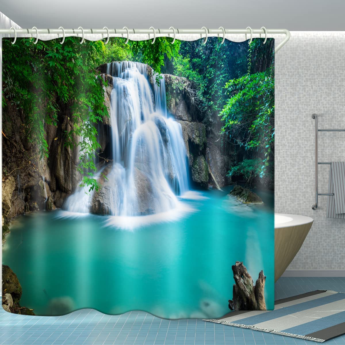 LYFANS Shower Curtains Waterproof Polyester Fabric,Large Width Bright Partition Curtain with Waterfall Pool Print,Shower Curtain Liner for Bathtub Bathroom with 12 White Hooks （72 x72 inches）