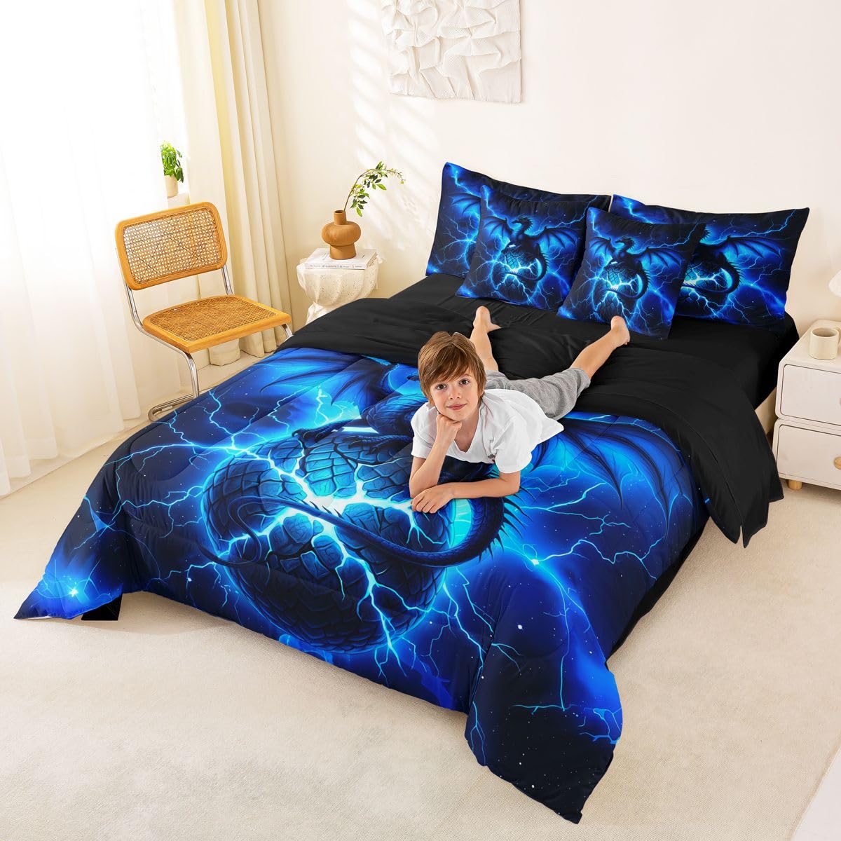Feelyou Dragon Comforter Set with Sheets 7 Piece Twin Size Chic Outer Space Starry Sky Bed in a Bag Kids Boys Girls ungle Animals Dragon Bedding Set Bedroom Decor Breathable Soft Microfiber