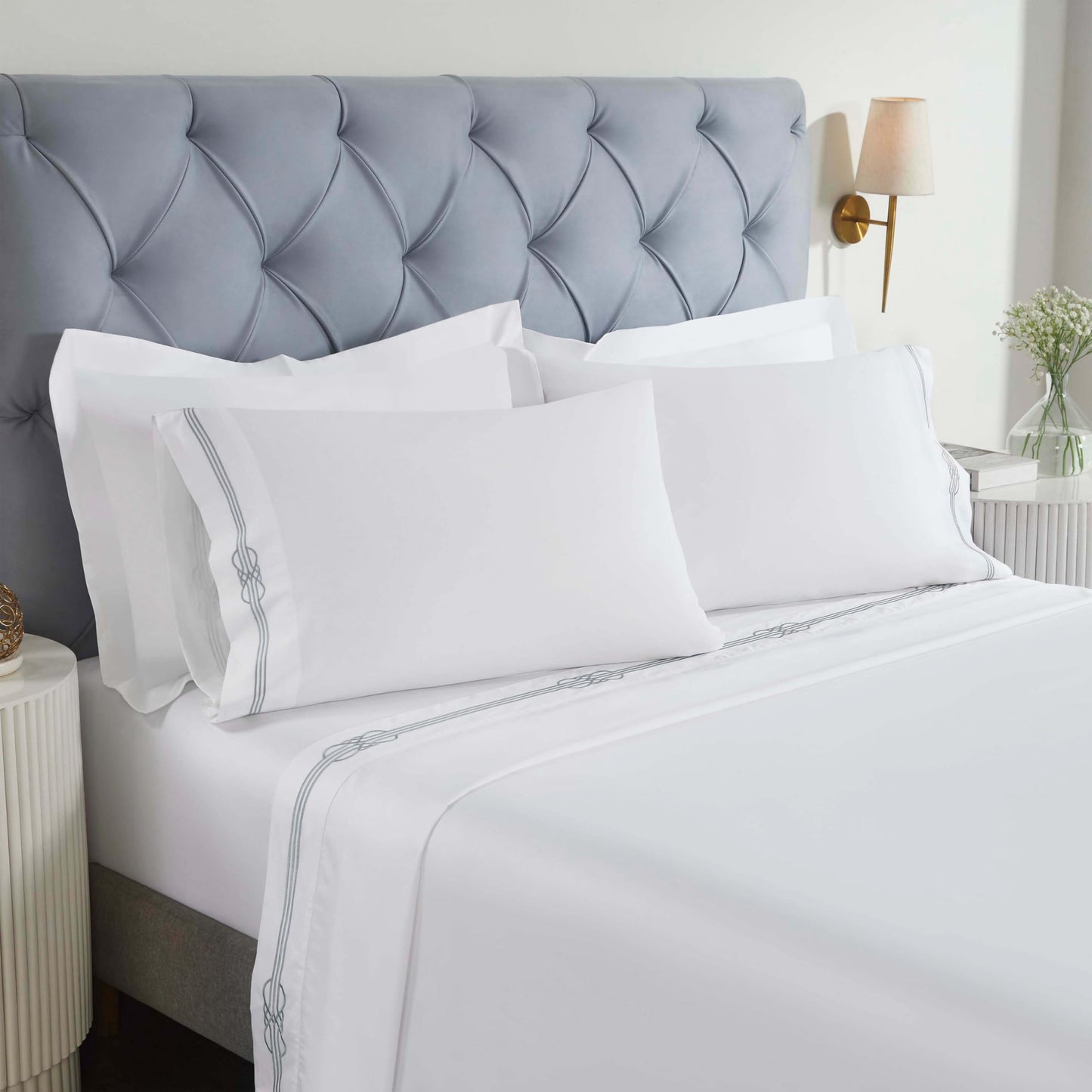 Superior Embroidered Cotton Bed Sheet Set, 1 Elastic Deep Pocket Fitted Sheet, 1 Flat Sheet, 2 Pillowcases, Daily Soft Sheets, Luxury, Elegant Design, Moonlawn Collection, Queen Size, White/Silver