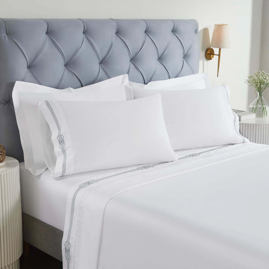 Superior Embroidered Cotton Bed Sheet Set, 1 Elastic Deep Pocket Fitted Sheet, 1 Flat Sheet, 2 Pillowcases, Daily Soft Sheets, Luxury, Elegant Design, Moonlawn Collection, Queen Size, White/Silver