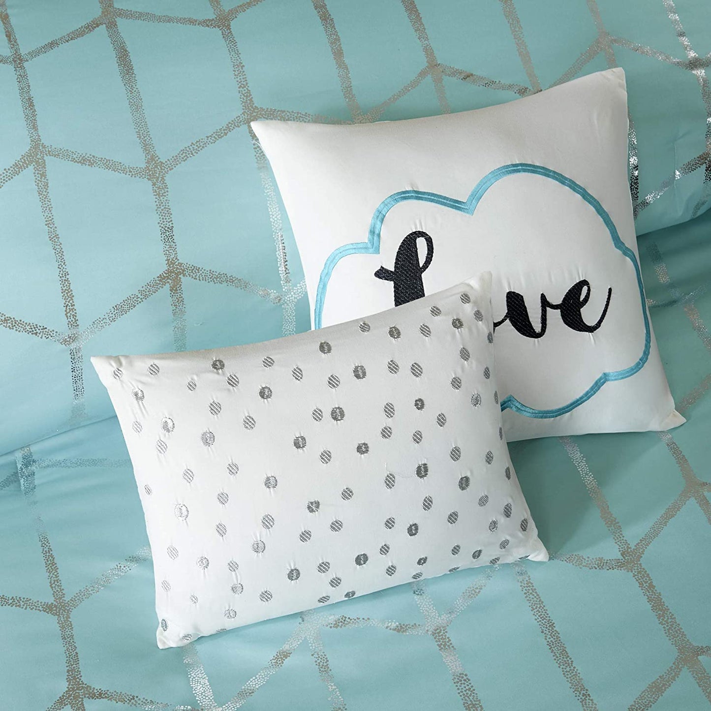 Intelligent Design Raina Full/Queen Comforter Set, Soft Microfiber, Modern Geometric Metallic Bed Set, 5 Pieces College Bedding with 2 Shams, 2 Toss Pillows Aqua/Silver