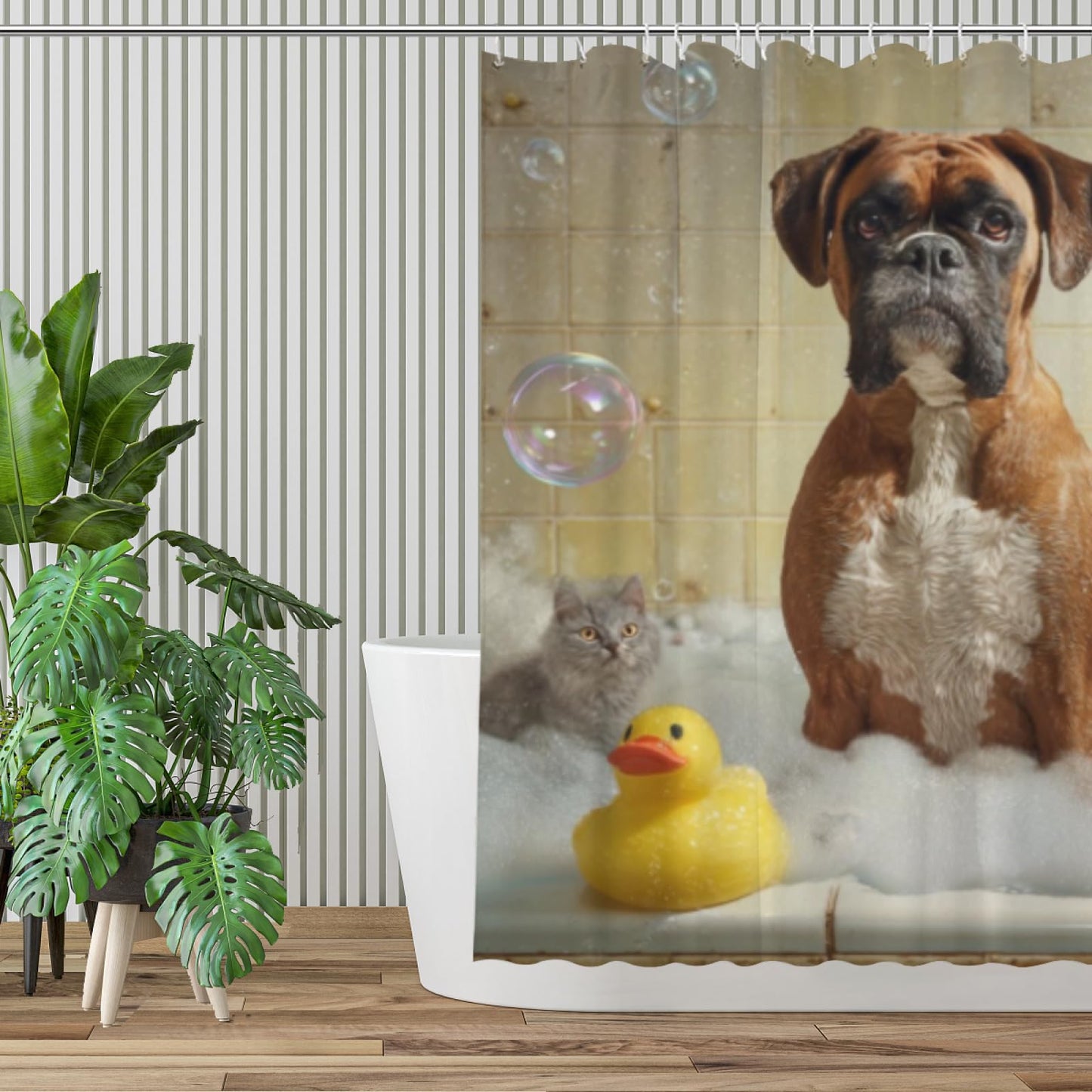Wordatu Boxer Dog Shower Curtain Bathroom Set 72X72 Inches Funny Cat Lovely Animals in Bathtub for Boys Bath Farmhouse Art Home Decor Fabric 12 Hooks