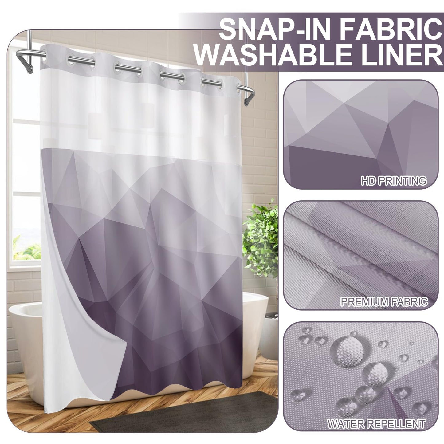 AXURXUI No Hook Shower Curtain with Snap in Liner and Sheer Window, Purple Modern Geometric Fabric Shower Curtain Set for Bathroom Decor, 15-Second Quick Install, Abstract Irregular Ombre, 71"X74"