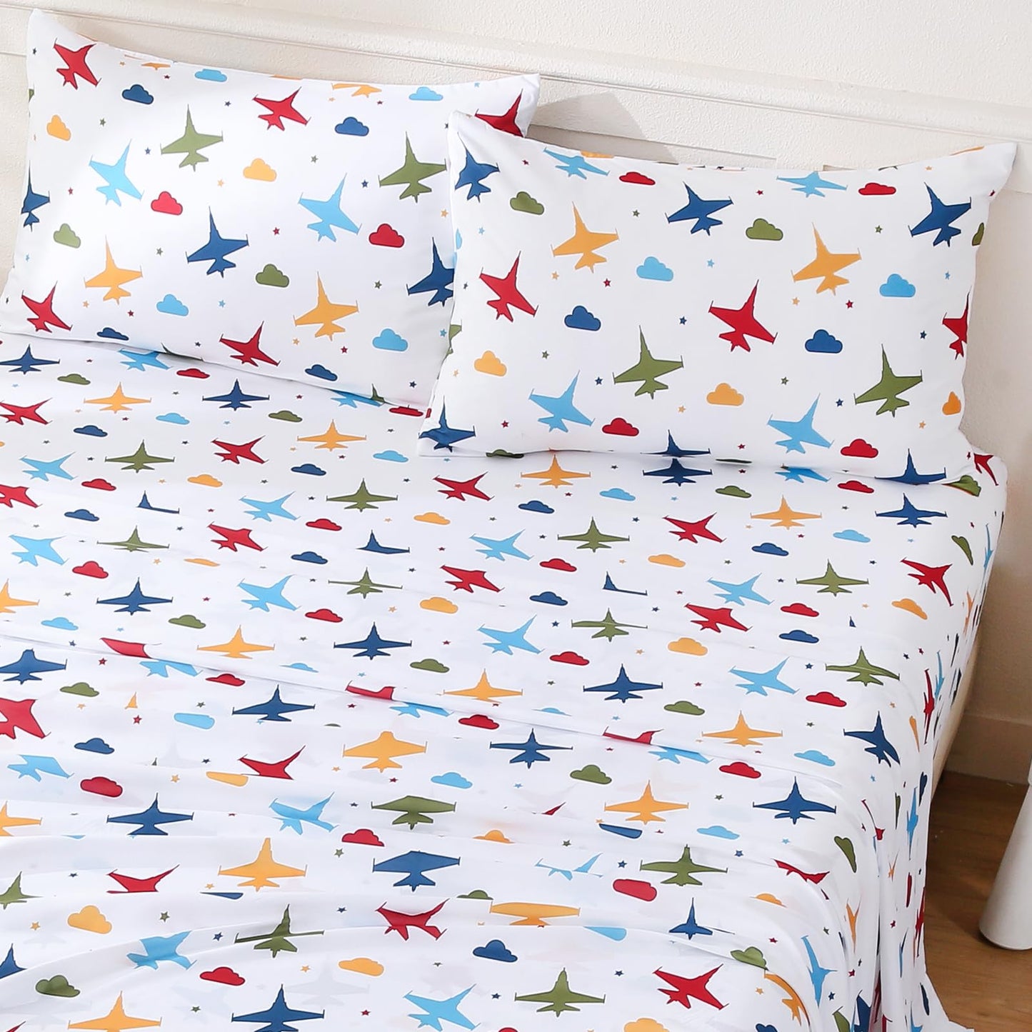 ChicView Queen Sheet Set Kids,4 Pieces Breathable Soft Microfiber Bedsheets for Child Boys Girls, Anti Pilling Deep Pockets Easy Care Bed Sheets, Aircraft