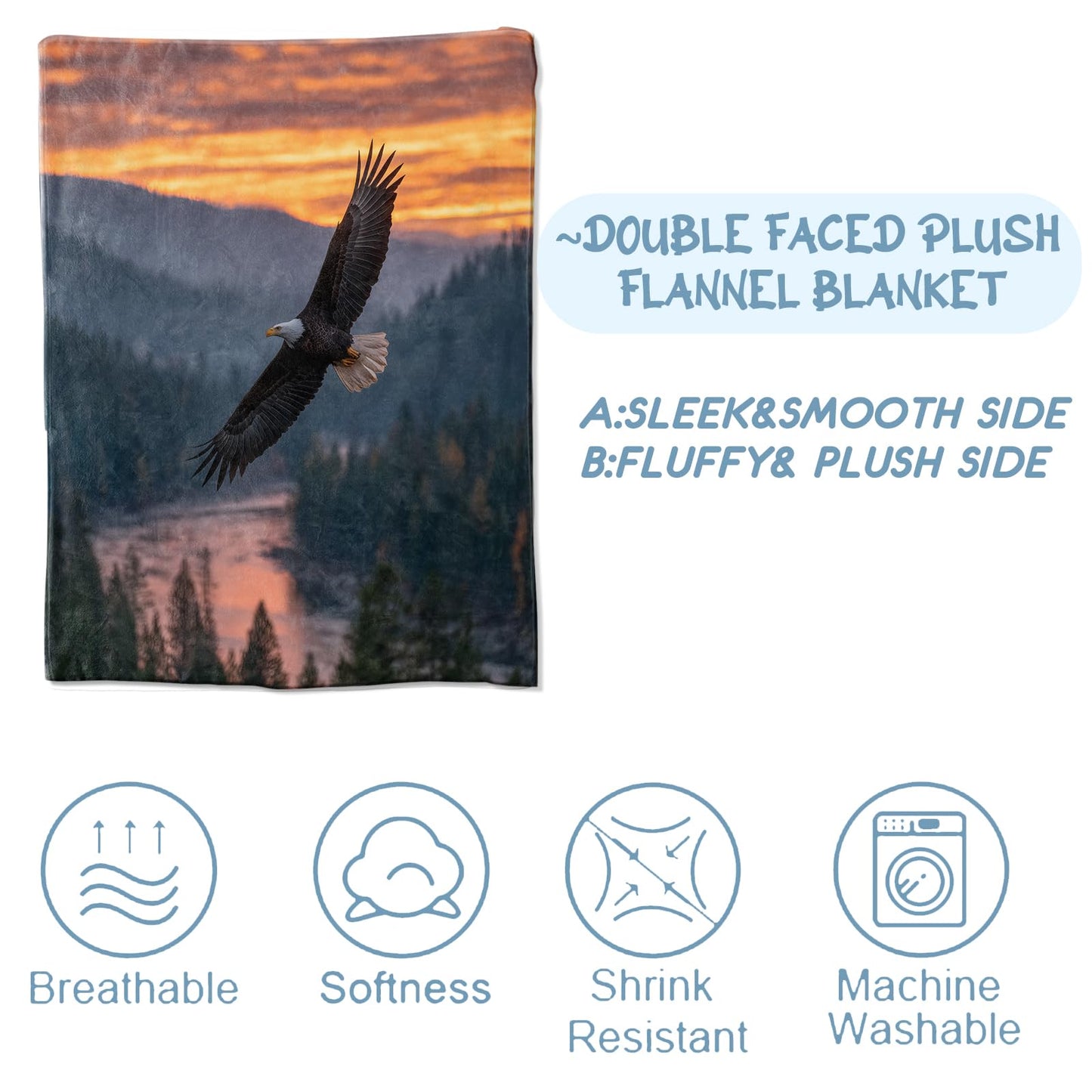 Zeleda Majestic Eagle Blanket 50x60 Inch Realistic Bird with Sunset and Forest Landscape Throw Soft Cozy Flannel Blankets Decorative Throws for Bed Cabin Picnic Thoughtful Gifts for Men Nature Lovers