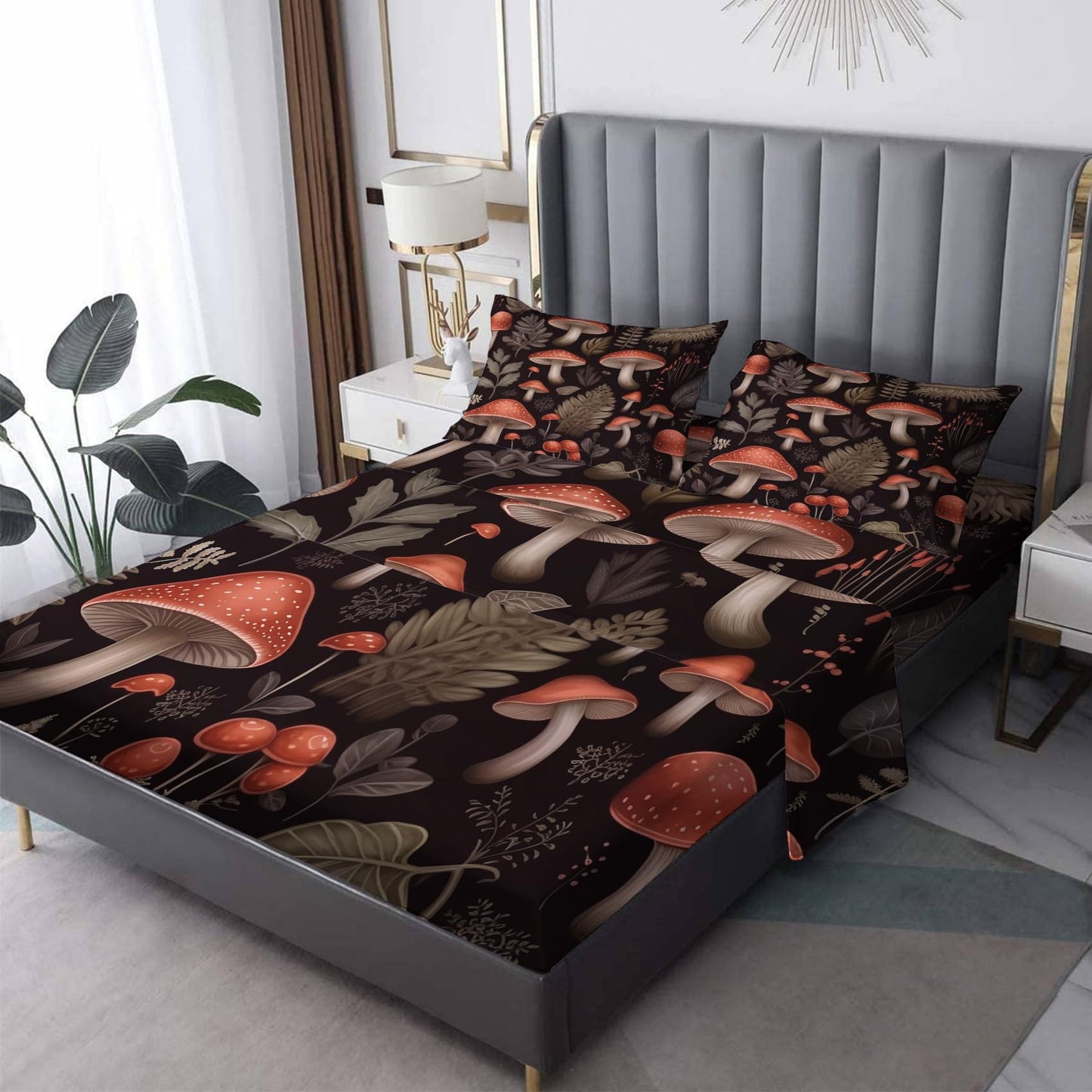 Mushroom Sheets King Sheet Sets - Botanical Bed Sheets, Soft Microfiber & Deep Pocket & Wrinkle Free Patterned Bedding Sheets & Pillowcases, 4 Piece ( 1 Fitted Sheet, 1 Flat Sheet, 2 Pillow Cases )