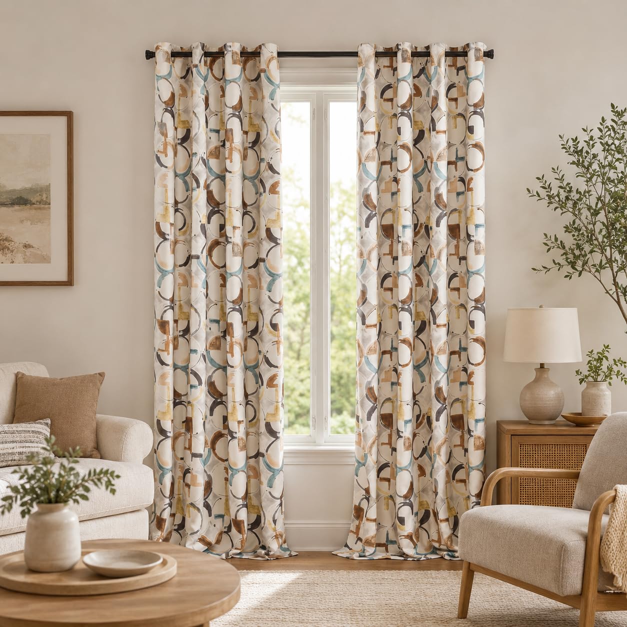 VOGOL Blackout Curtains for Bedroom, Brown Geometric Circles Print Curtains 84 inch Length Thermal Insulated Room Darkening Grommet Drapes for Living Room Home Theatre, 52 x 84 Inches, 2 Panels