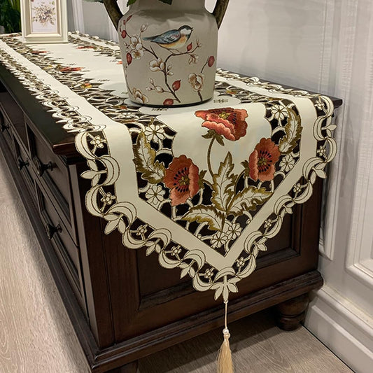 MULBESS Vintage Floral Cutwork Embroidered Table Runner for Party Wedding Shower Kitchen Outdoor, Rectangle Dresser Scarf Table Decorations, Polyester, 16 x 59 Inch