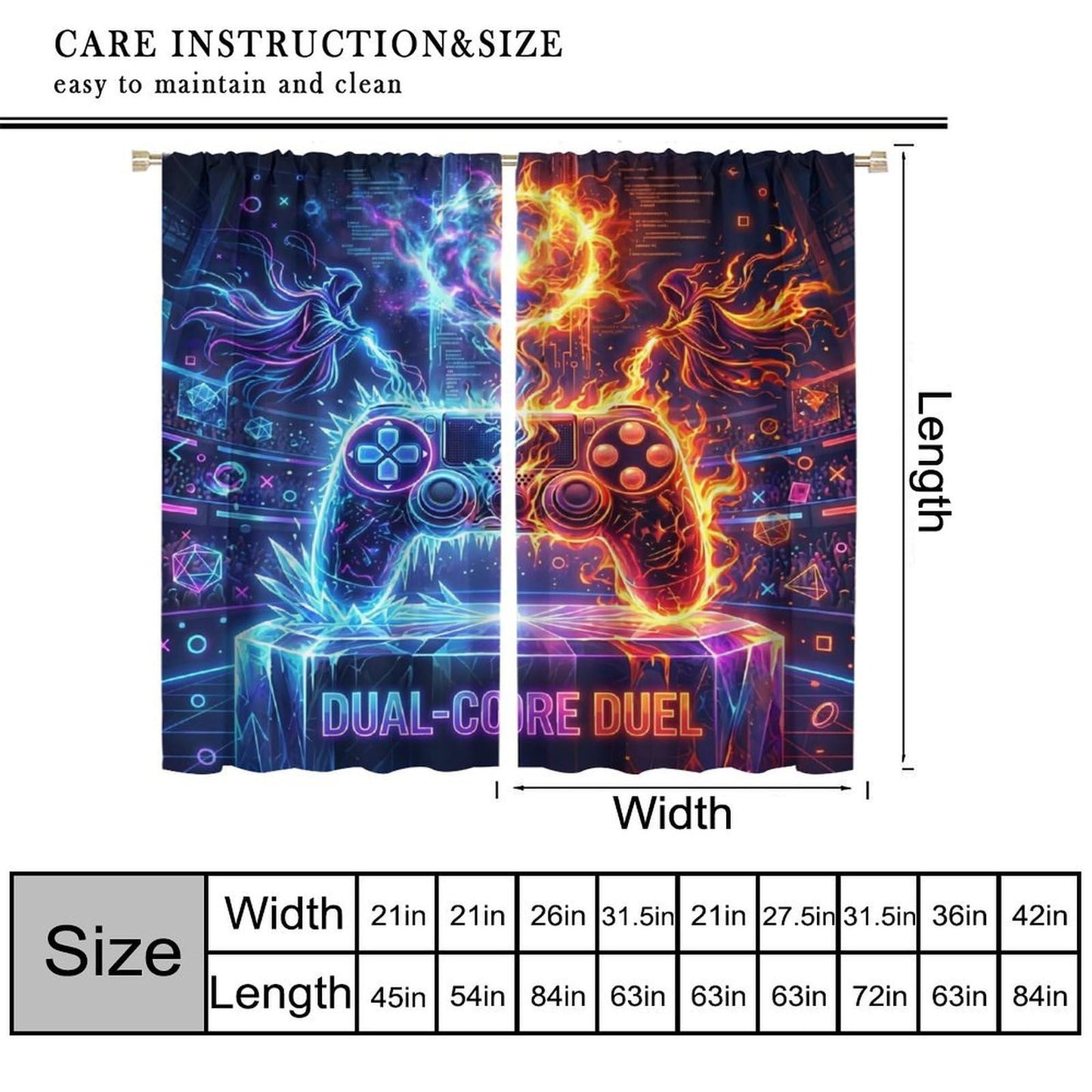 VUMIVI Gaming Curtains Cool Ice Fire Game Controller Cyberpunk Neon Dual-Core Duel Rod Pocket Window Treatments for Boys Bedroom Gamer Room Apartment Dorms Cafe 42" W X 44.5" L