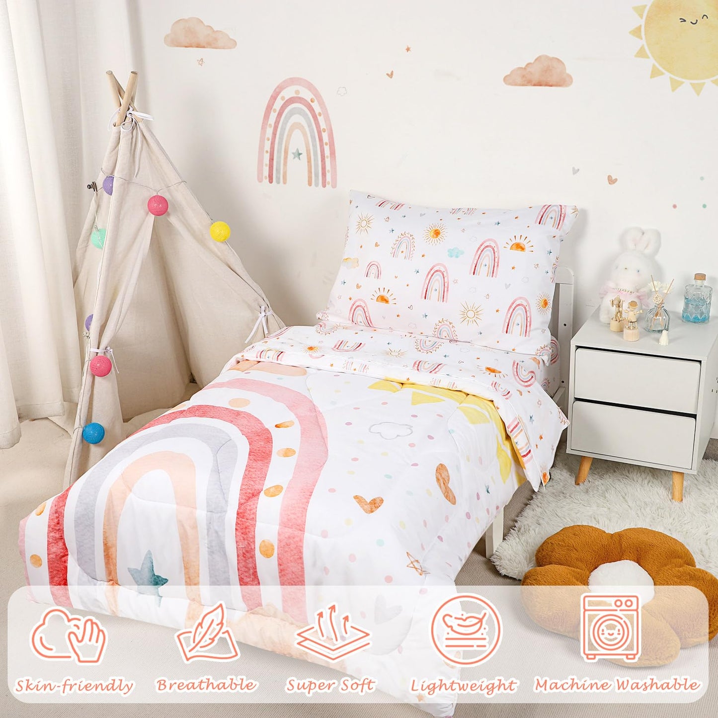 CARUILI Toddler Bedding Set for Girls 4 Piece Pink Rainbow Toddler Girl Bedding Set Super Soft & Lightweight Toddler Comforter Set Includes Comforter, Flat Sheet, Fitted Sheet, Pillowcase