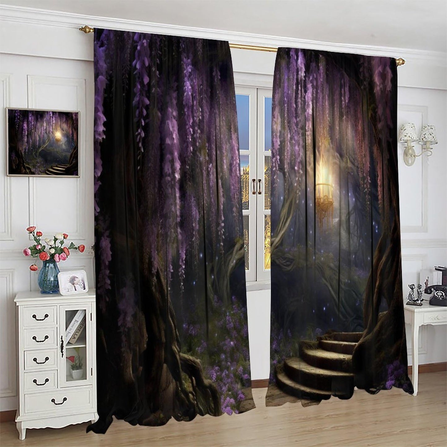 DKMQQUL Fantasy Forest Curtains, Enchanted Wonderland Purple Wisteria Flower Lanterns Nature Scenery Window Treatment for Living Room Office Bedroom Kitchen Drapes, 42x45 Inch