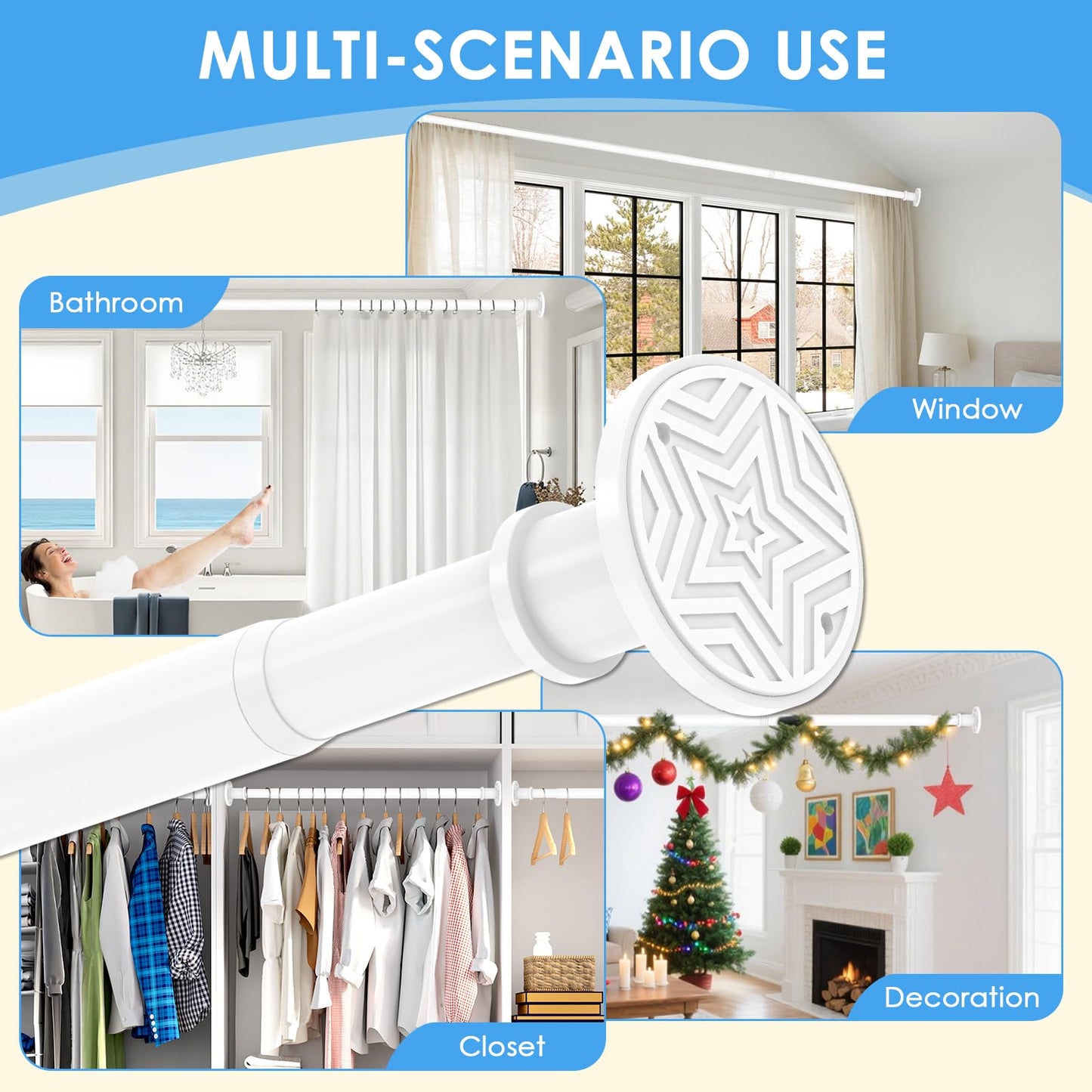 Outdoor Tension Rods for Patio White Extra Tension Curtain Rod 31-132 in(11ft) Long Curtain Rods Adjustable Heavy Duty Tension Rod for Bathroom Window No Drilling Never Rust Non Slip