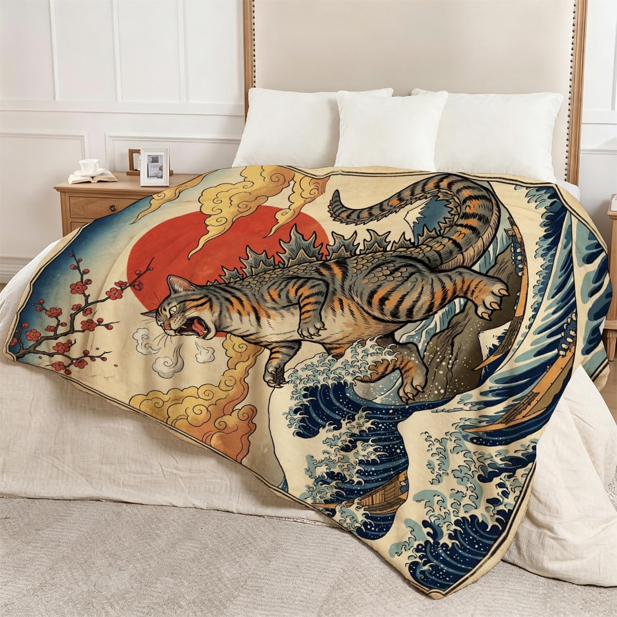 Yujiiso Retro Ukiyo-E Catzilla Blanket, Soft Flannel Fleece Throw 50" x 60"