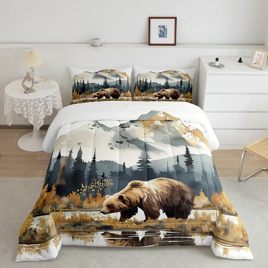 Rustic Style Bedding Set Full Size,Abstract Mountain Tree Bear Comforter Set for Kids Boys Teens Room Decor,Watercolor Wild Animal Nature Plant Duvet Insert 3Pcs,Wild Animal Quilt Set,2 Pillowcases