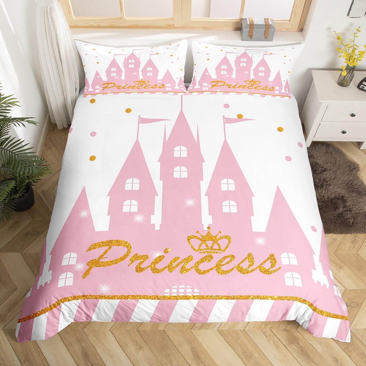 Girls Princess Duvet Cover Set Queen Size,Cartoon Castle Bedding Set 3Pcs for Kids Teens Woman Bedroom Decor,Gold Glitter Dots Lines Comforter Cover Sweet Girly White Pink Quilt Cover,2 Pillowcases