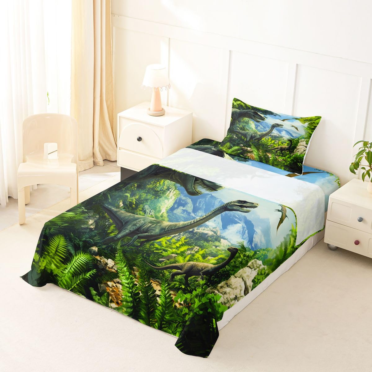 Feelyou Dinosaur Bed Sheets Sets Twin Size Kids Boys Girls 3D Digital Print Bedding Set Jungle Dino Bed Sheet Set with 16-Inch Deep Pockets Wild Animal 3Pcs with 1 Pillow Cases Green Blue White
