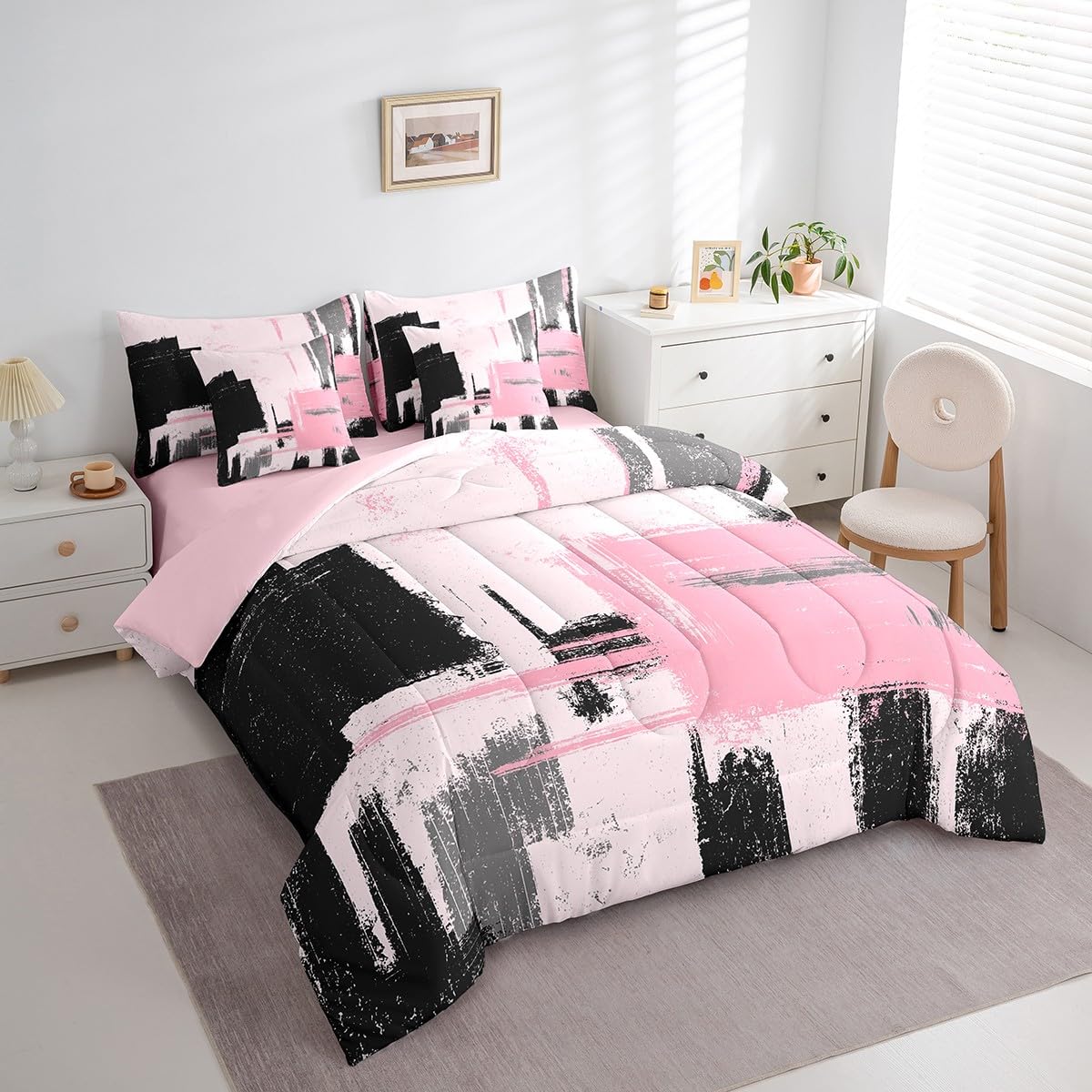 Feelyou Abstract Bed Set Includes Comforter, Sheet Set, Pillowcases & Pillow Covers Modern Abstract Art 7 Piece Bedding Set Children Pink Black Pattern Bedding Set Queen Size