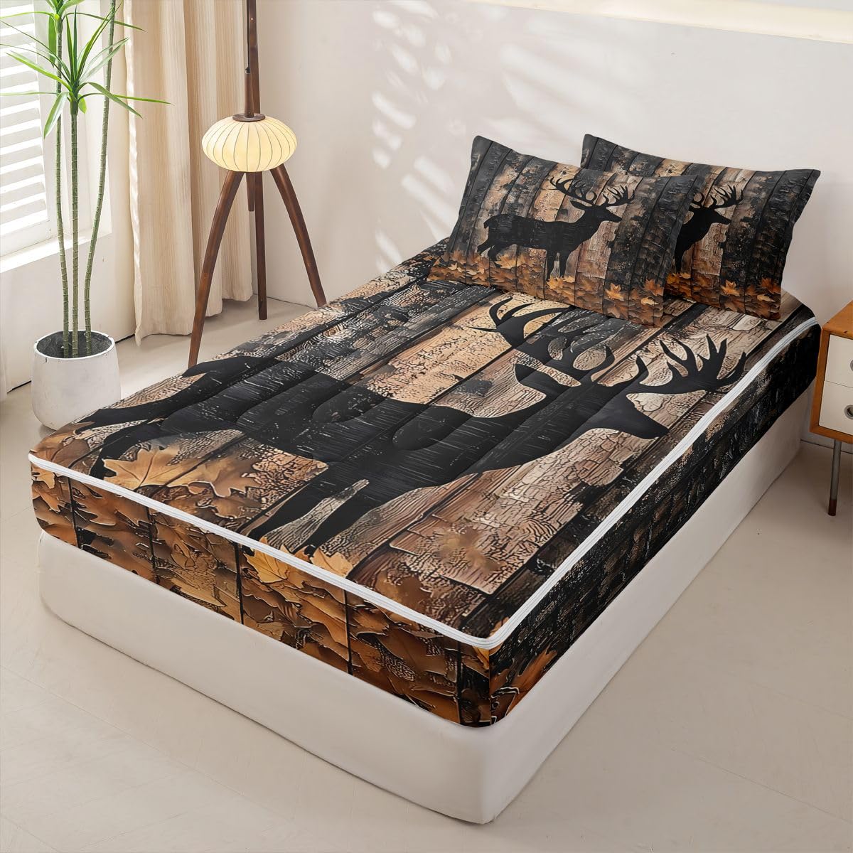 Feelyou Deer Hunting Comforter Set Full Tree Branches Zipper Bedding Set for Kids Boys Girls Farmhouse Woodland Animal Bed in a Bag Microfiber with 2 Pillow Cases