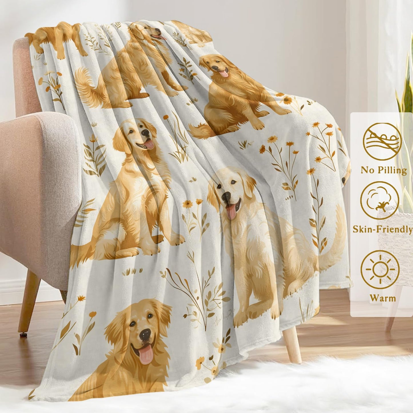 ainori Golden Retriever Flannel Blanket - Lightweight Soft Cozy Gifts Blankets for Dog Lovers, Kids, Women,Cute Floral Art Style Throw,Elegant Home Room Modern Retro Decor 50x60in